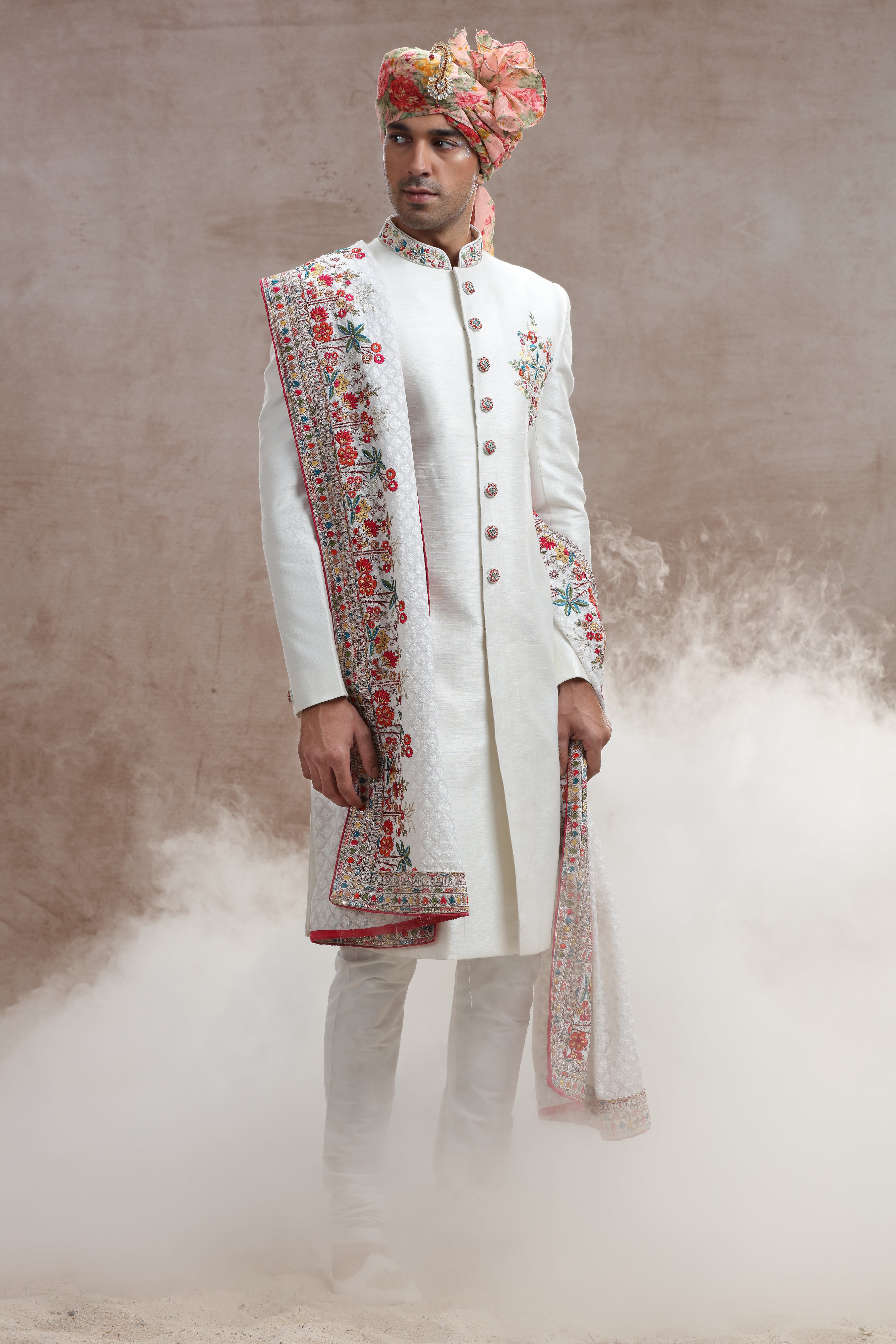 Ivory Raw Silk Sherwani with Thread, Bead Work