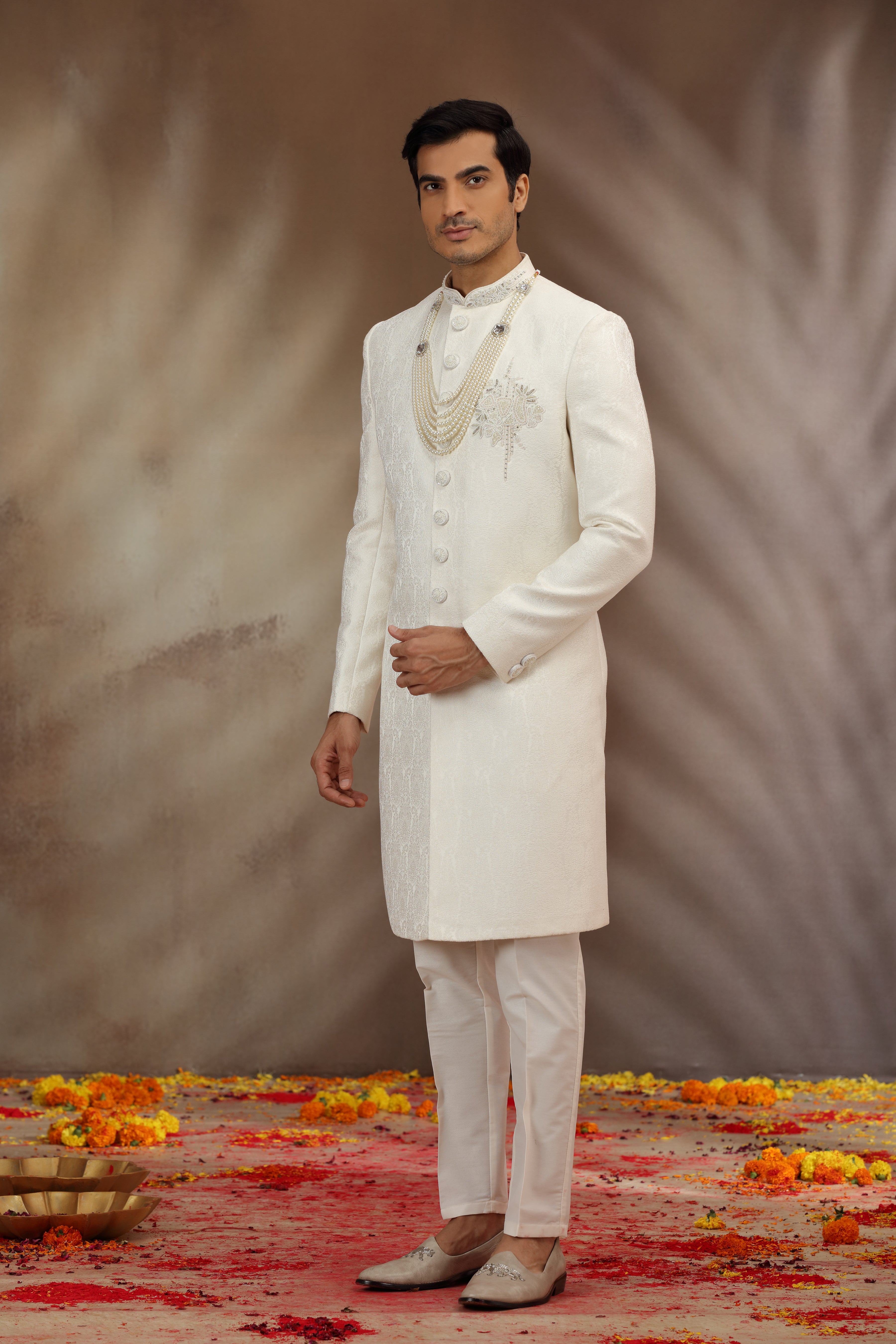 Off White Woven Silk Sherwani with Beads and Zardosi