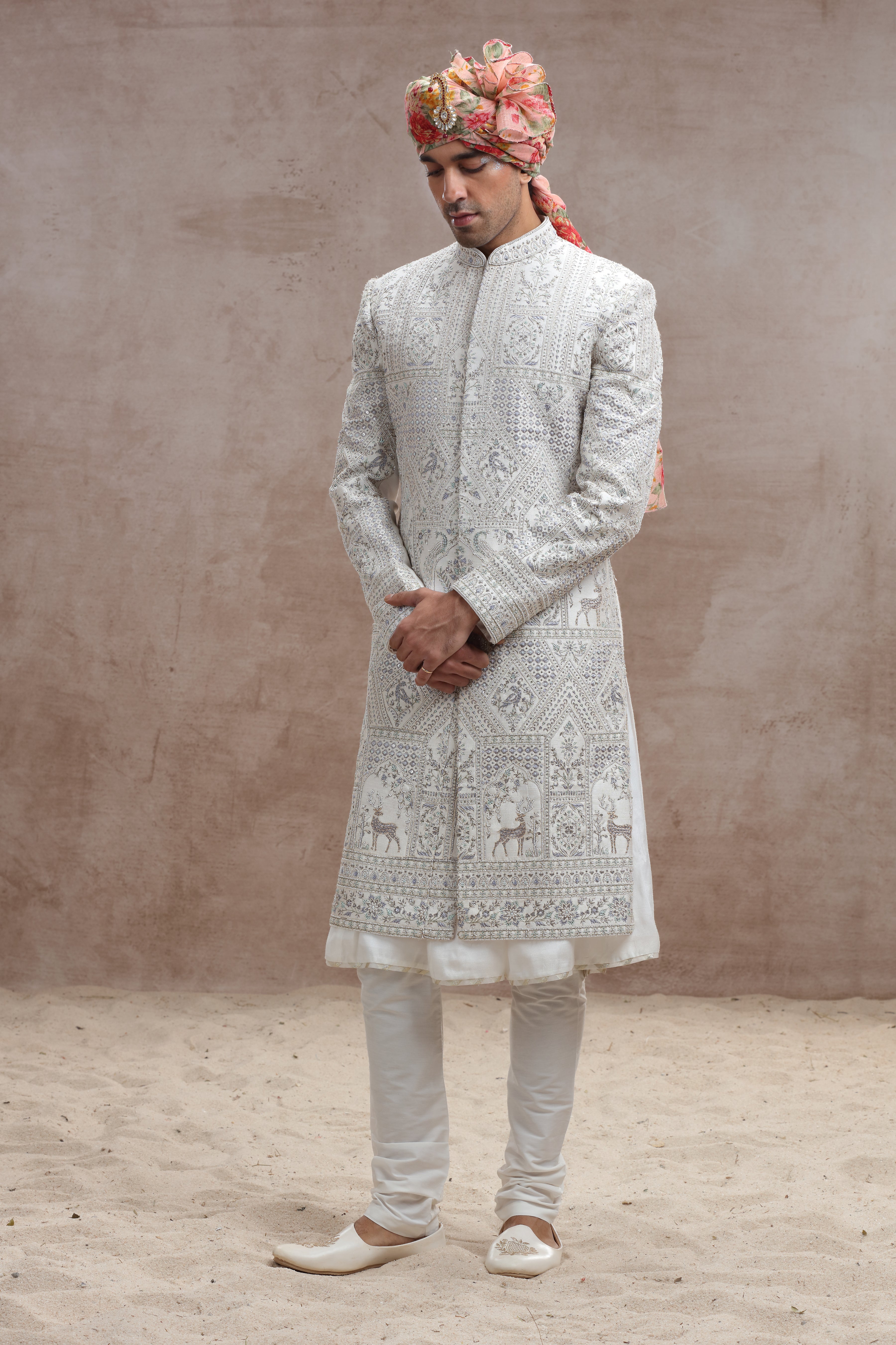 Ivory Colour Sherwani with Thread Work and Beads