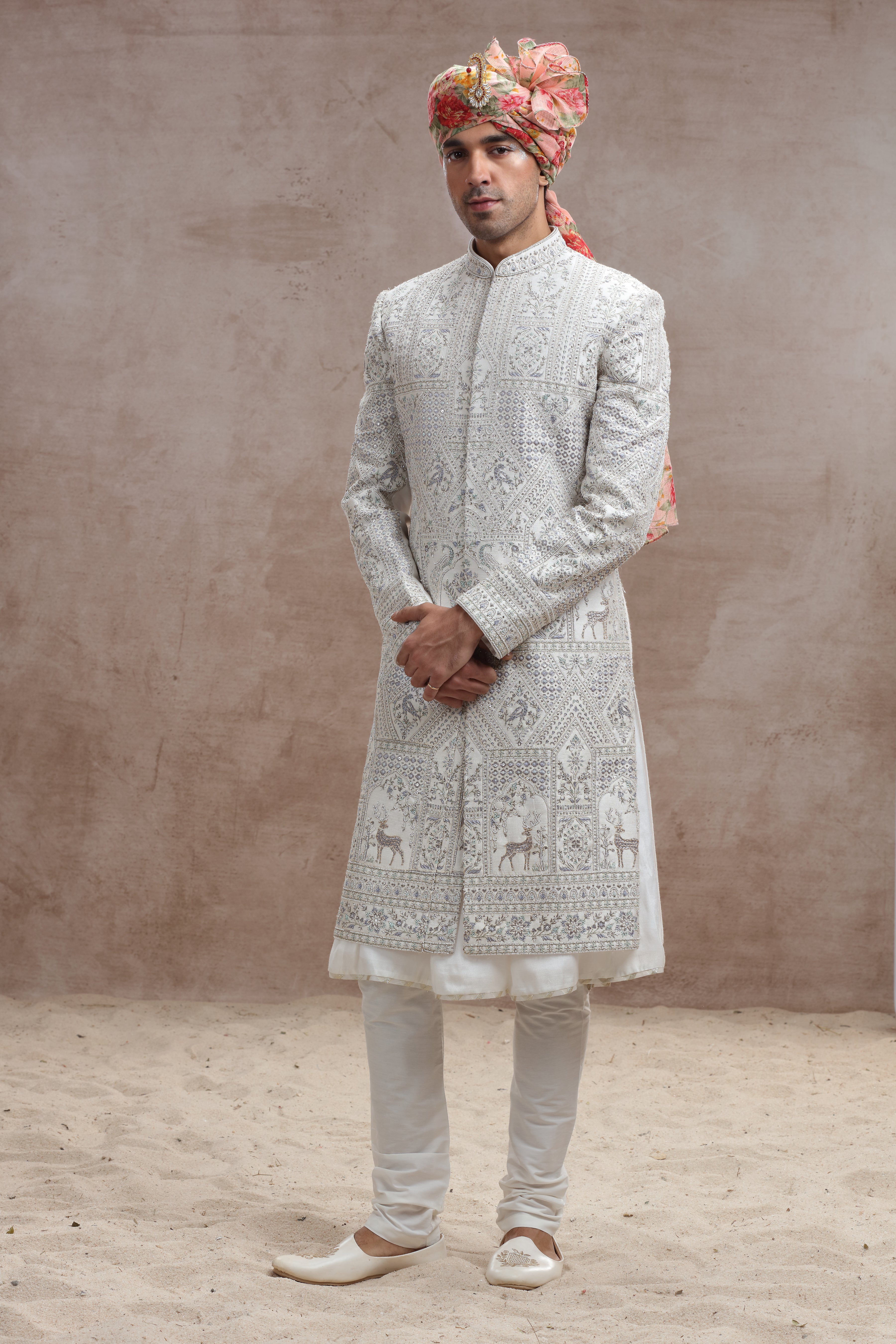 Ivory Colour Sherwani with Thread Work and Beads