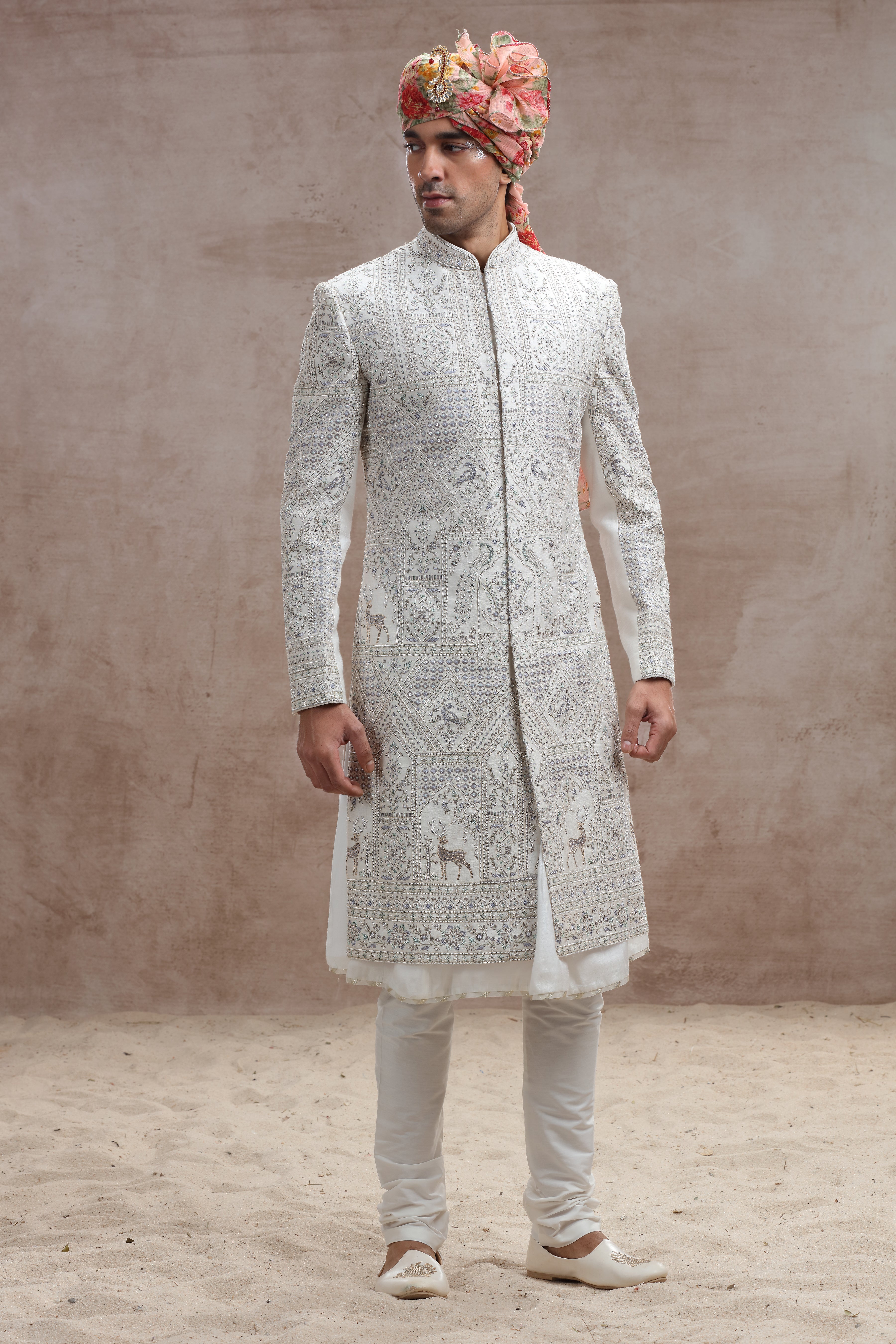 Ivory Colour Sherwani with Thread Work and Beads