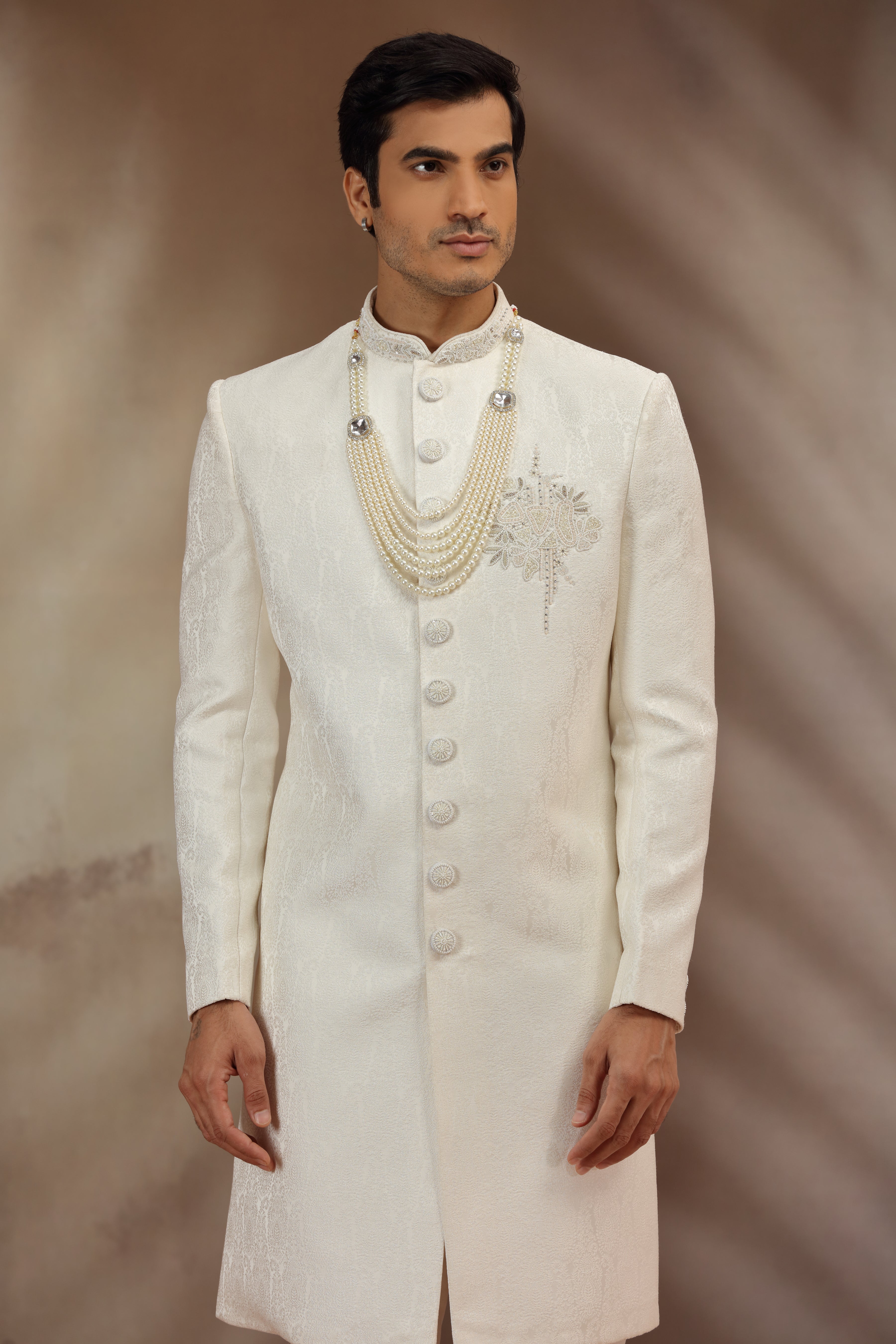 Off White Woven Silk Sherwani with Beads and Zardosi