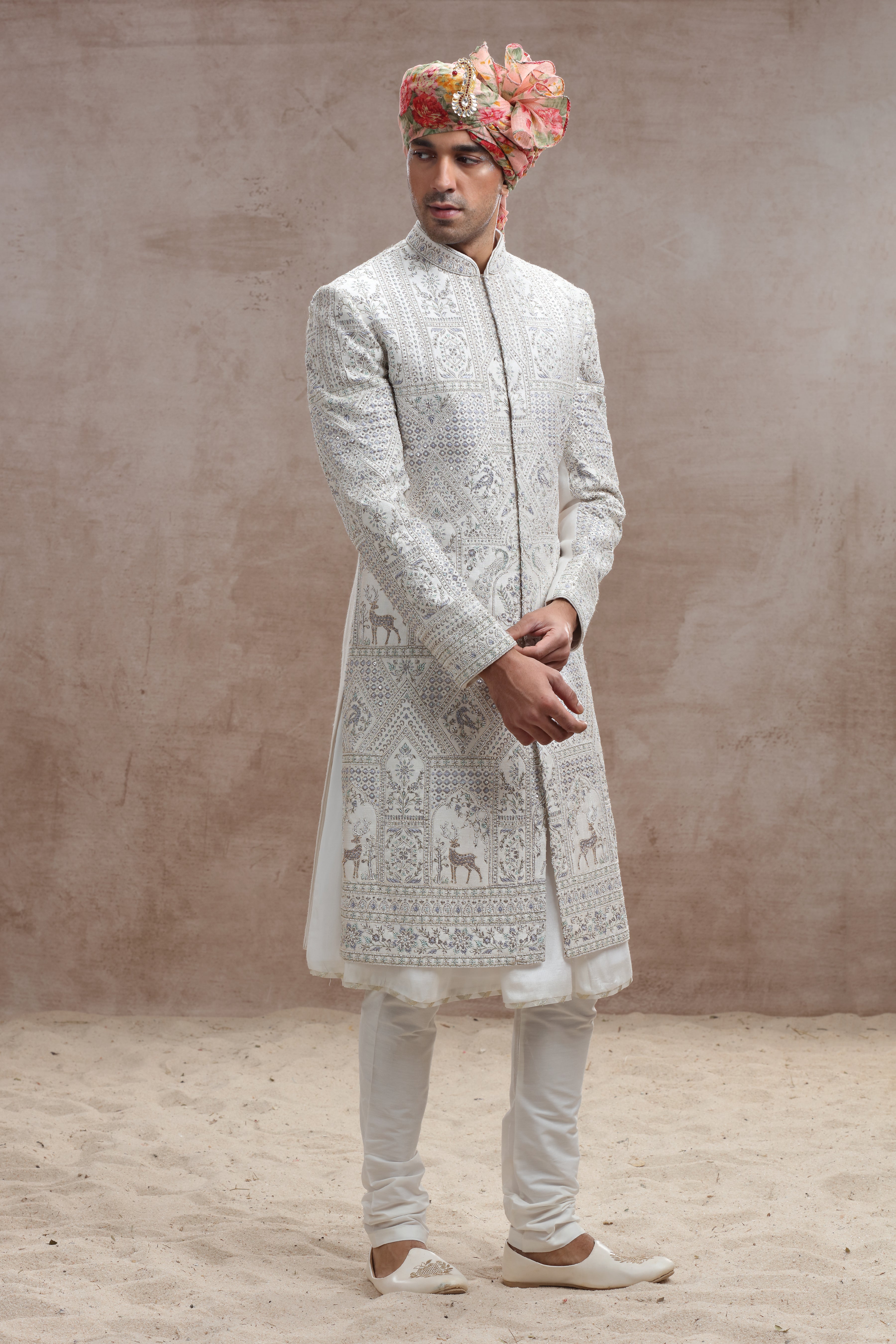 Ivory Colour Sherwani with Thread Work and Beads