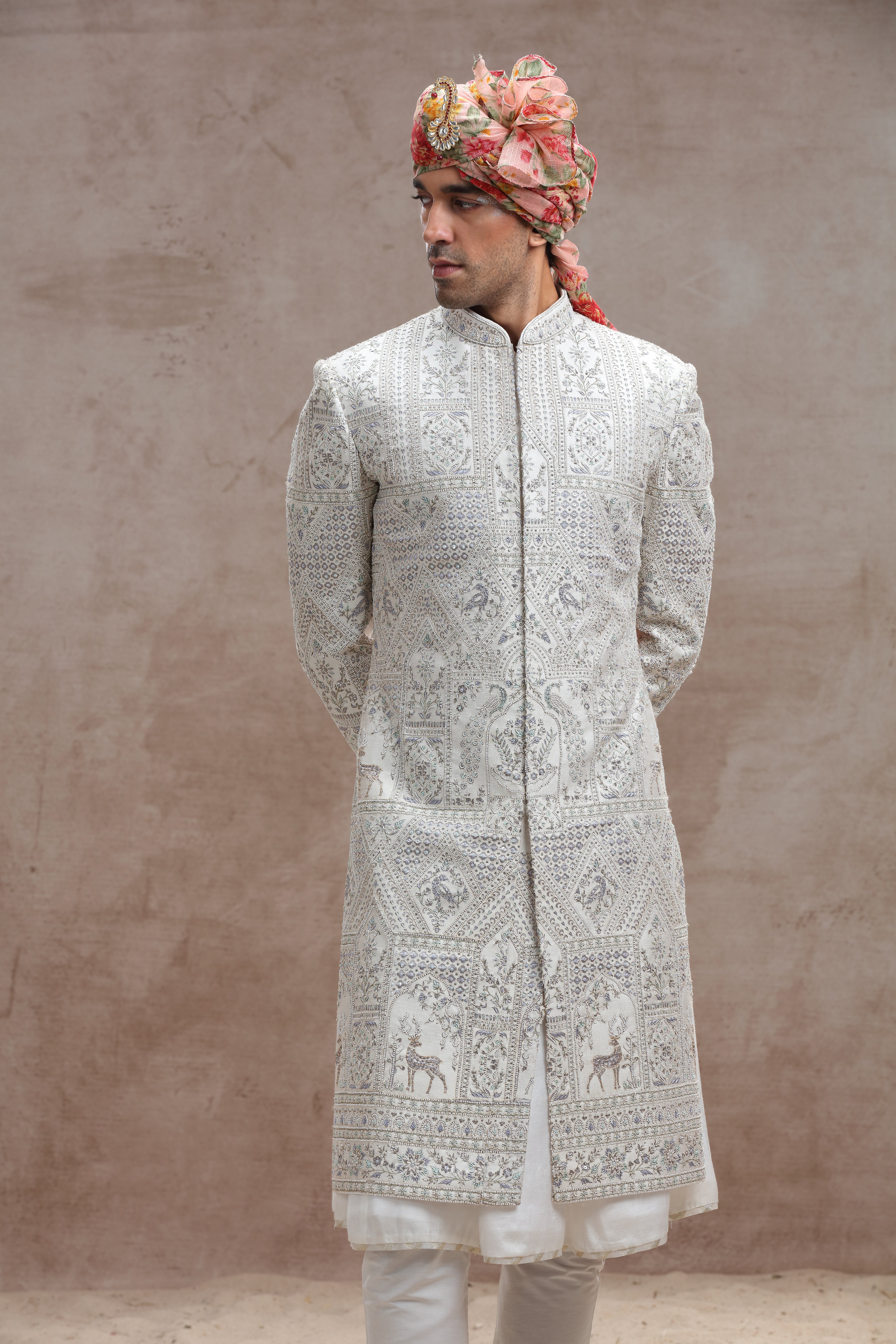 Ivory Colour Sherwani with Thread Work and Beads