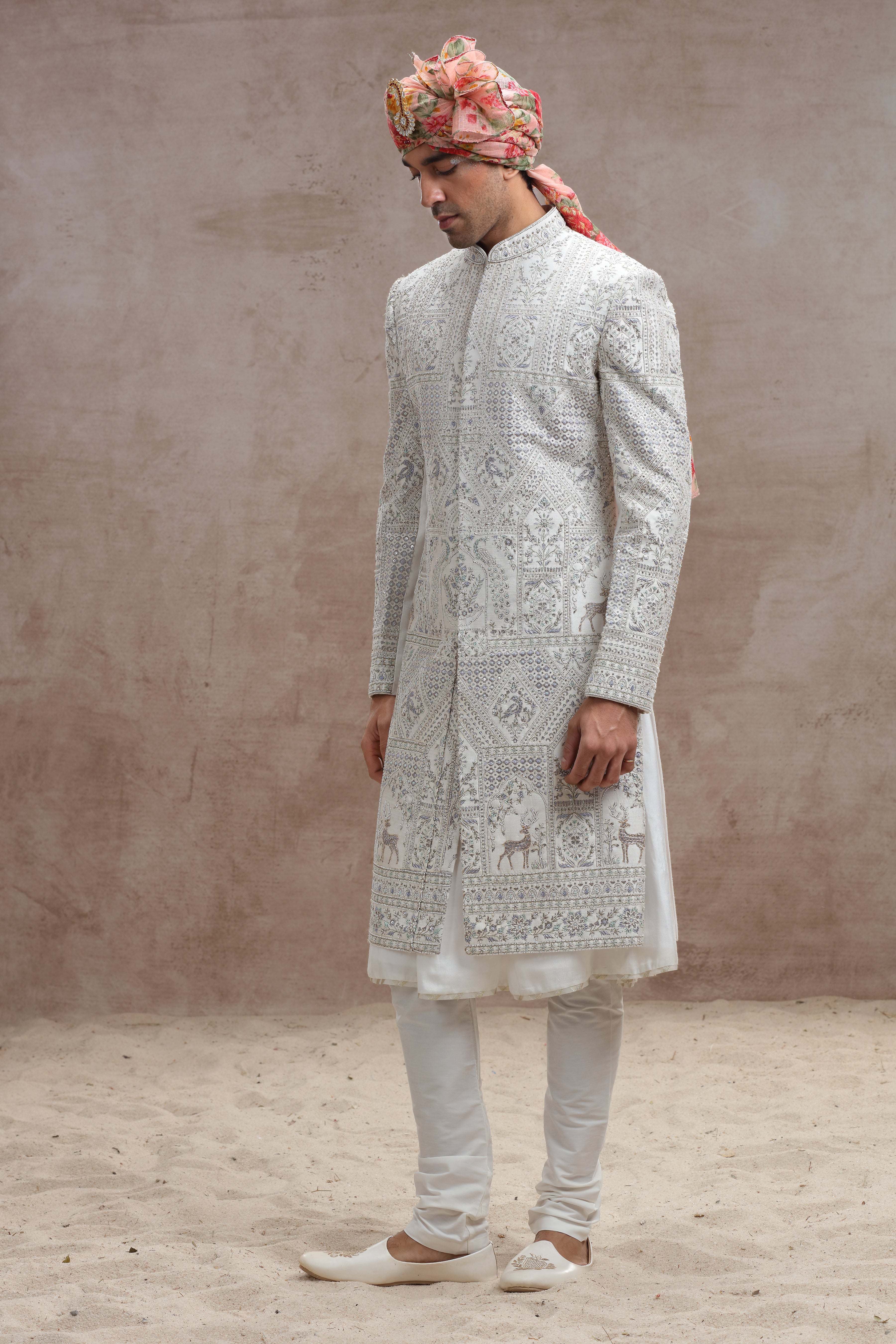 Ivory Colour Sherwani with Thread Work and Beads