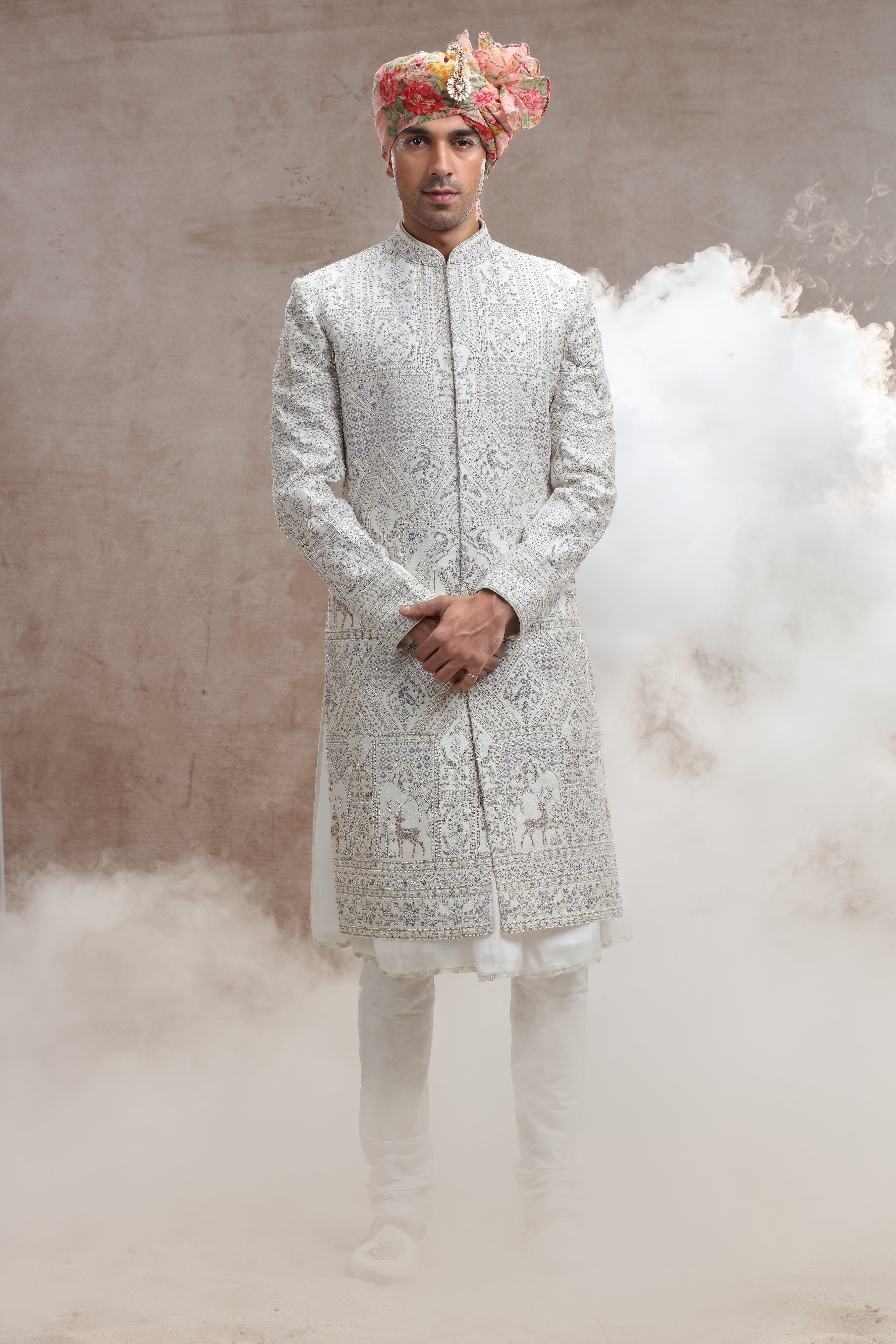 Ivory Colour Sherwani with Thread Work and Beads