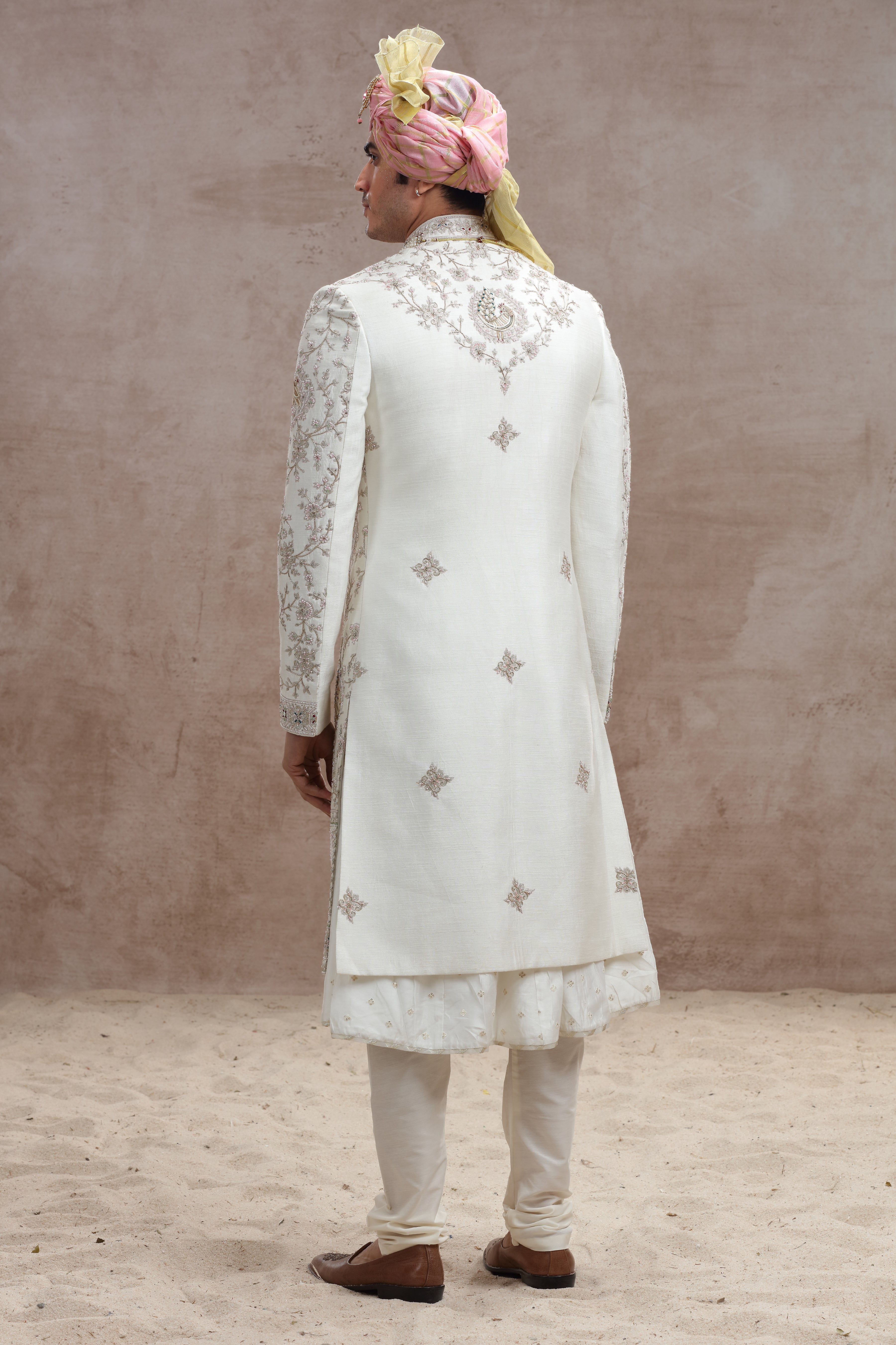 Ivory Raw Silk Sherwani with Peacock & Floral Thread Work