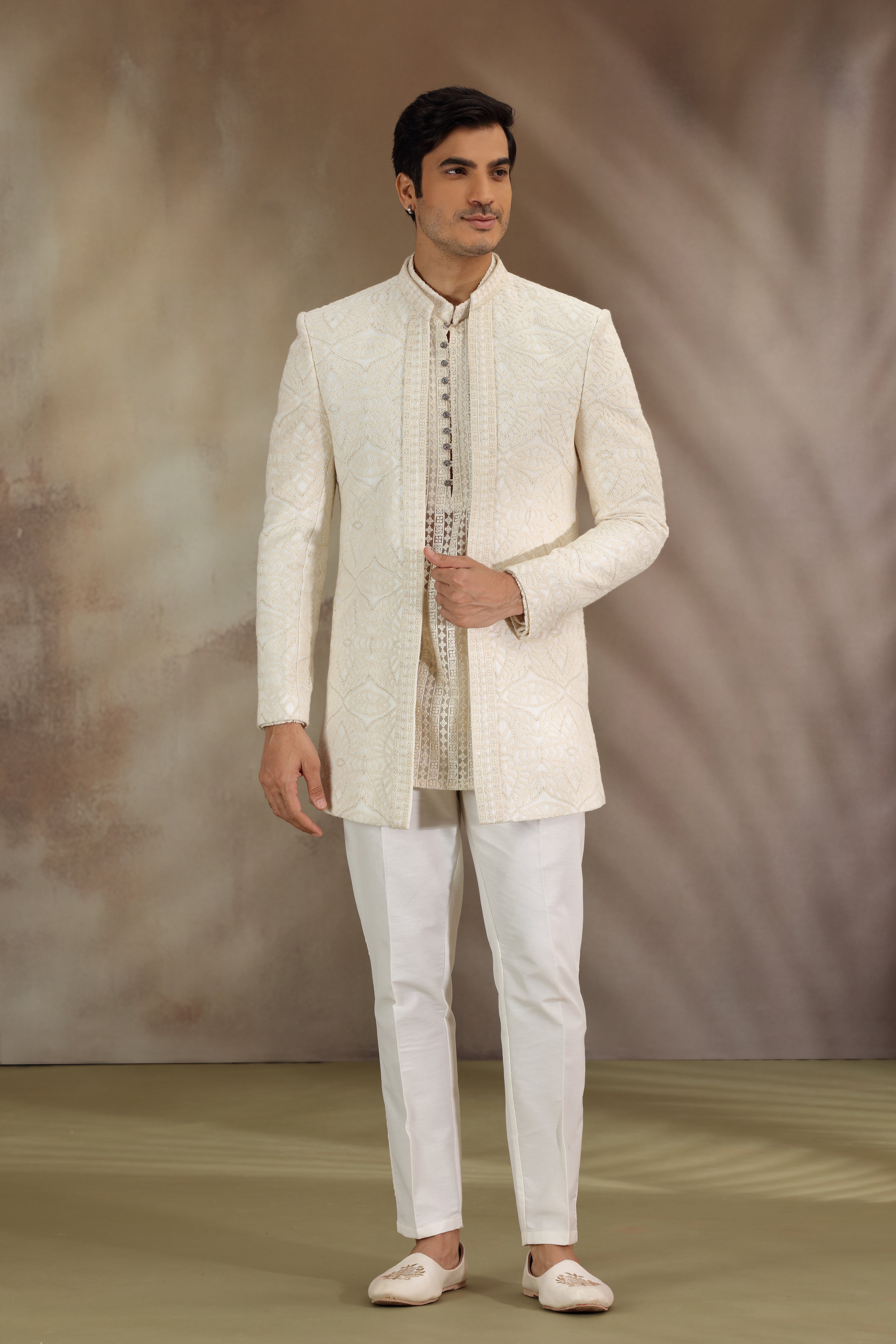 Off White Georgette Indo Western with Dori Work