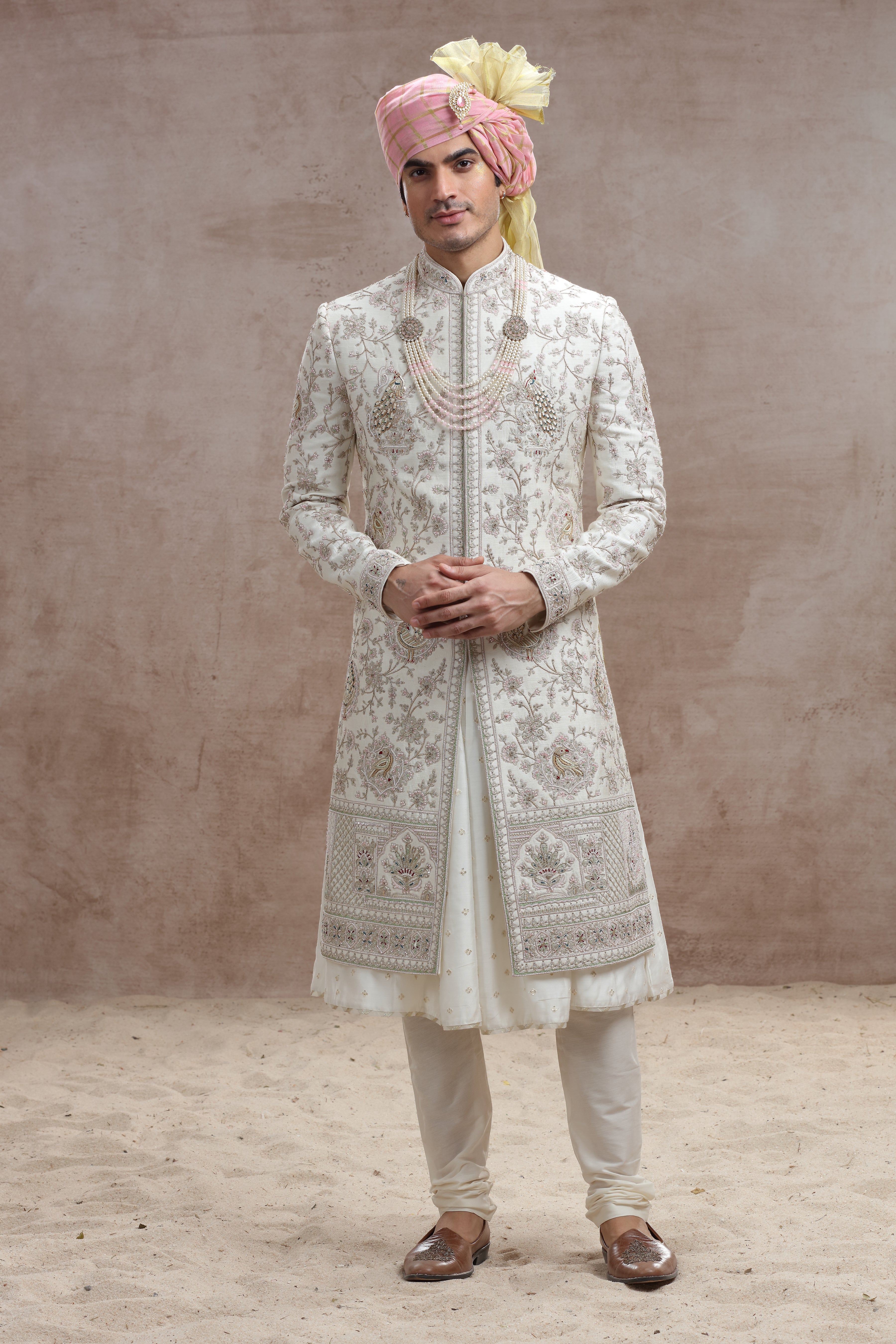 Buy Ivory Raw Silk Sherwani with Peacock Floral Thread Work