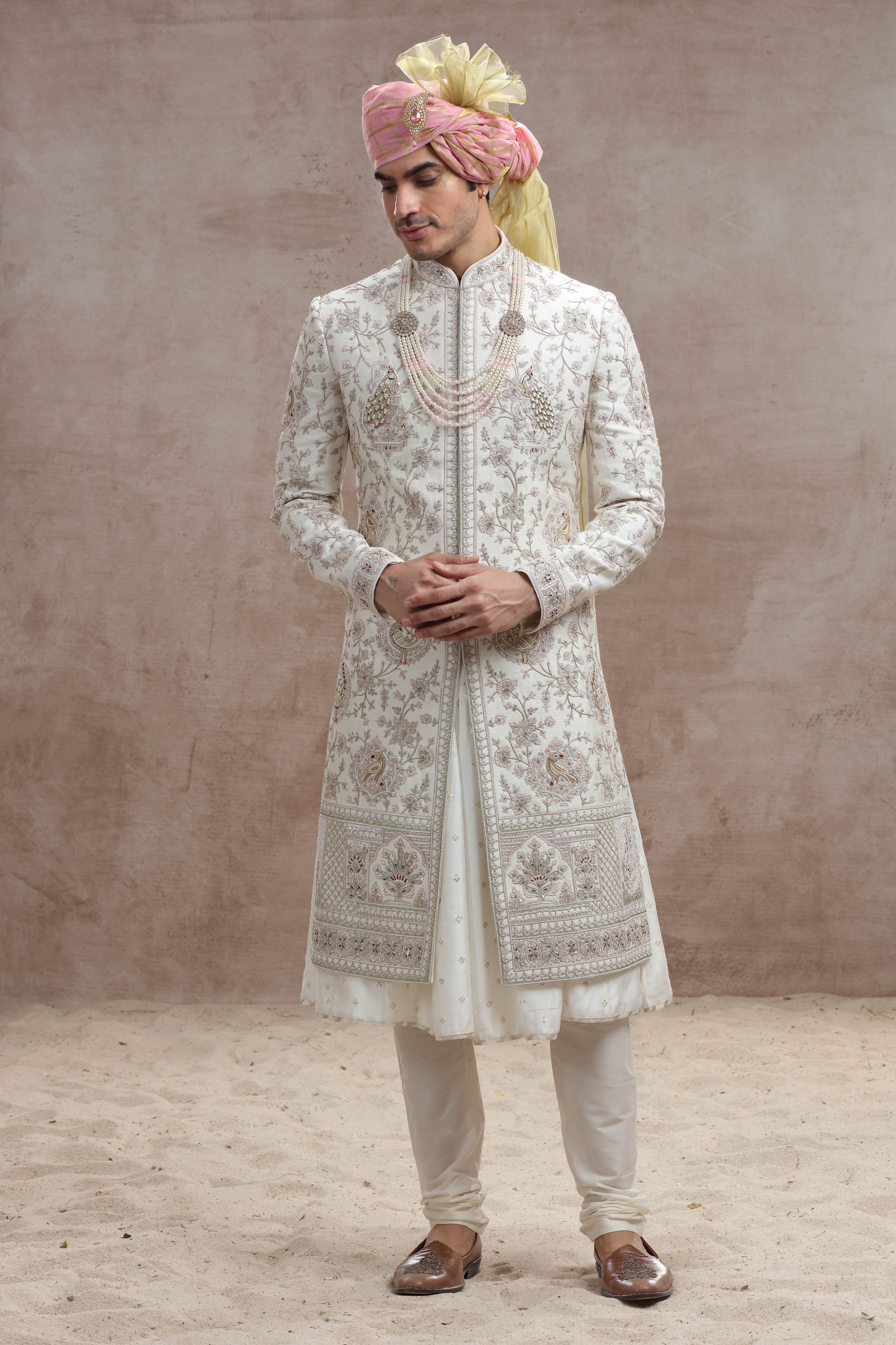 Ivory Raw Silk Sherwani with Peacock & Floral Thread Work