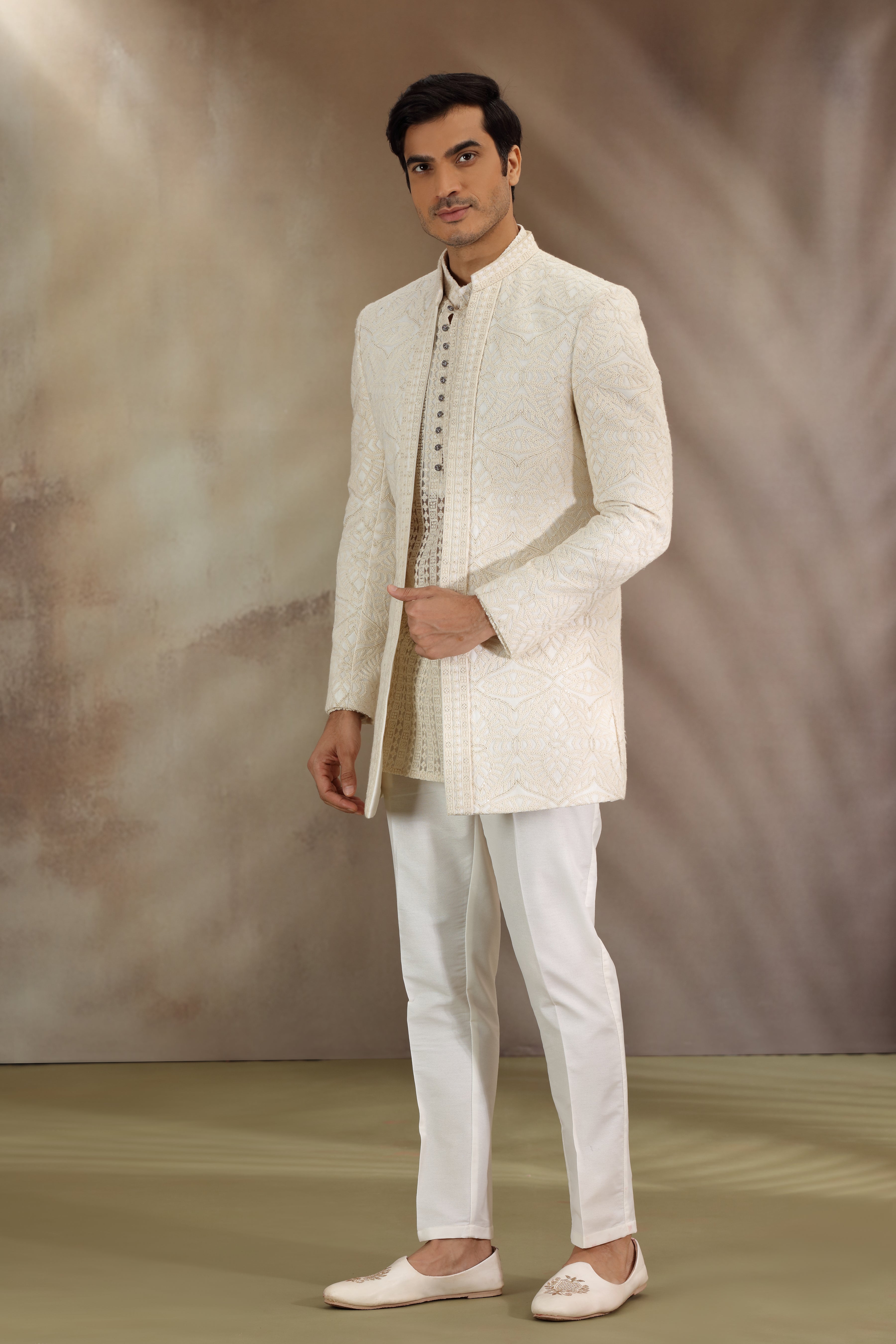 Off White Georgette Indo Western with Dori Work