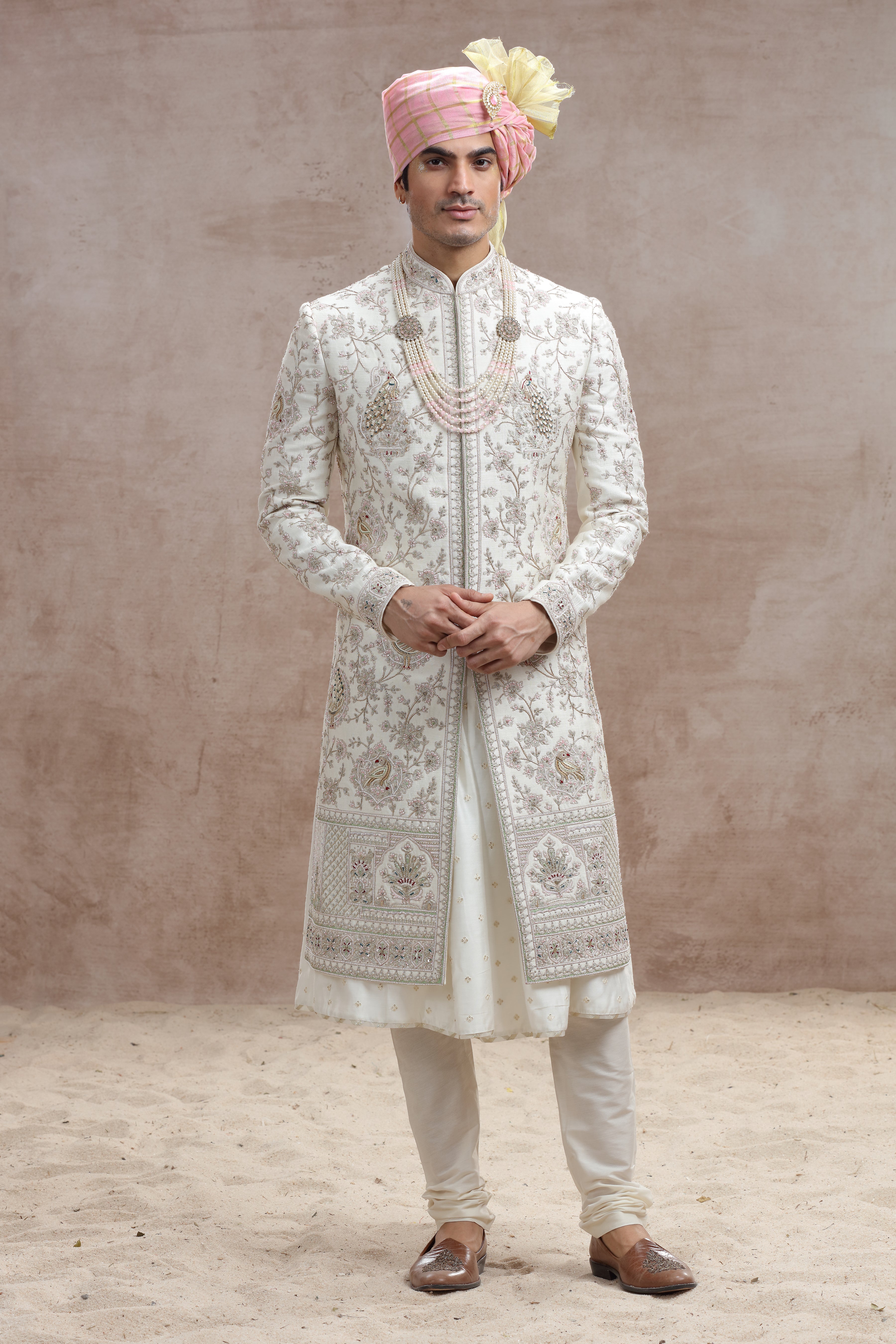 Ivory Raw Silk Sherwani with Peacock & Floral Thread Work