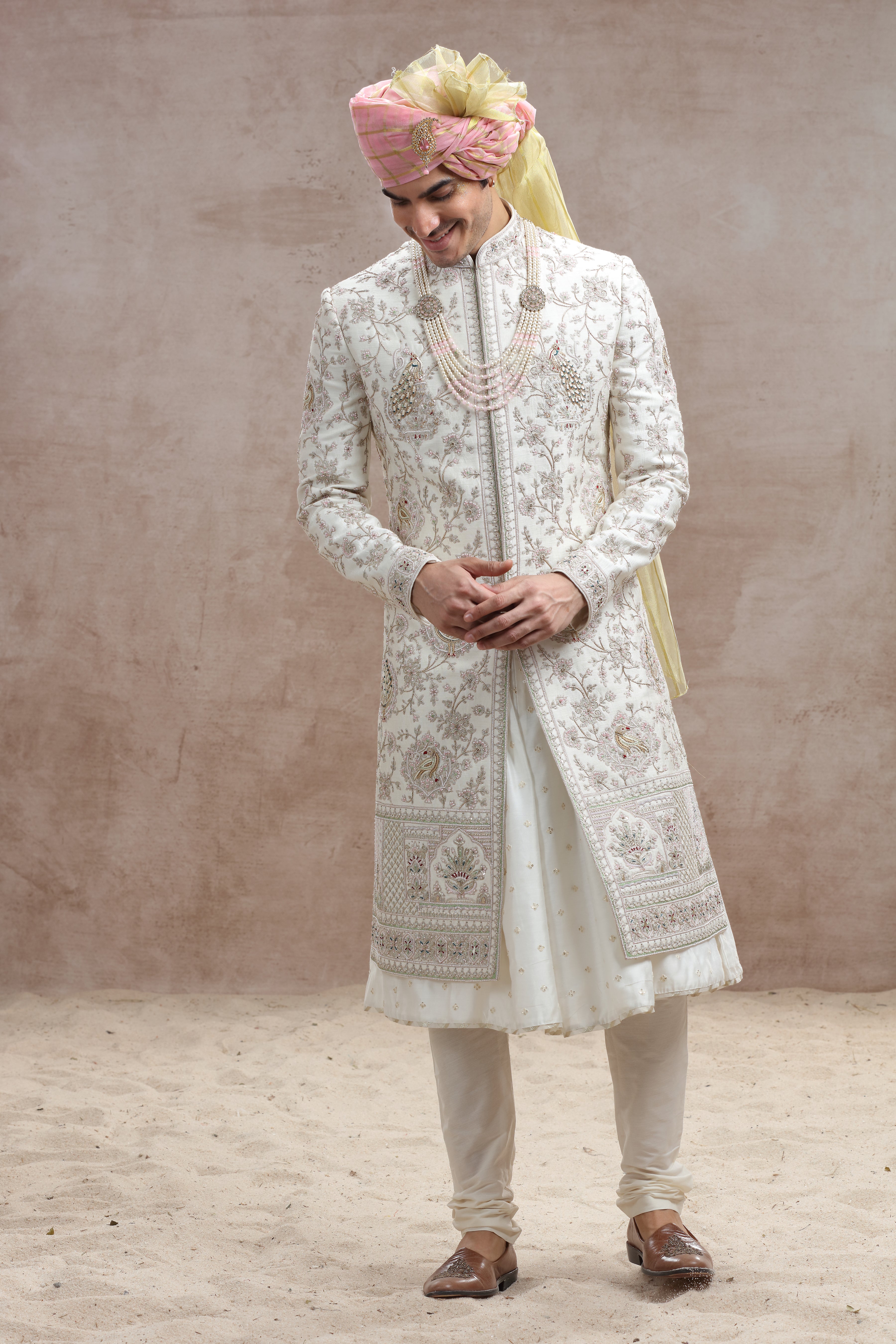 Ivory Raw Silk Sherwani with Peacock & Floral Thread Work