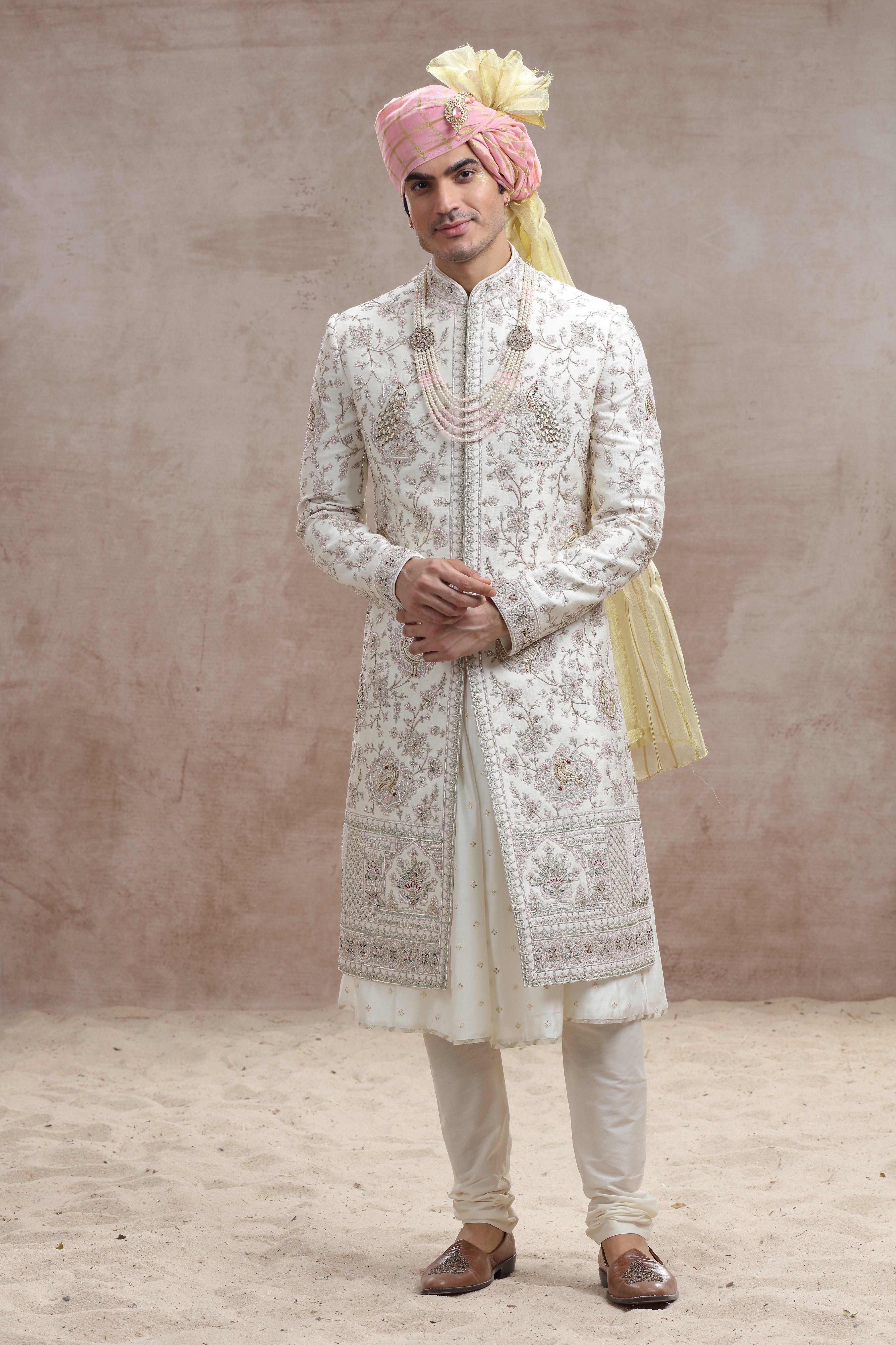 Ivory Raw Silk Sherwani with Peacock & Floral Thread Work