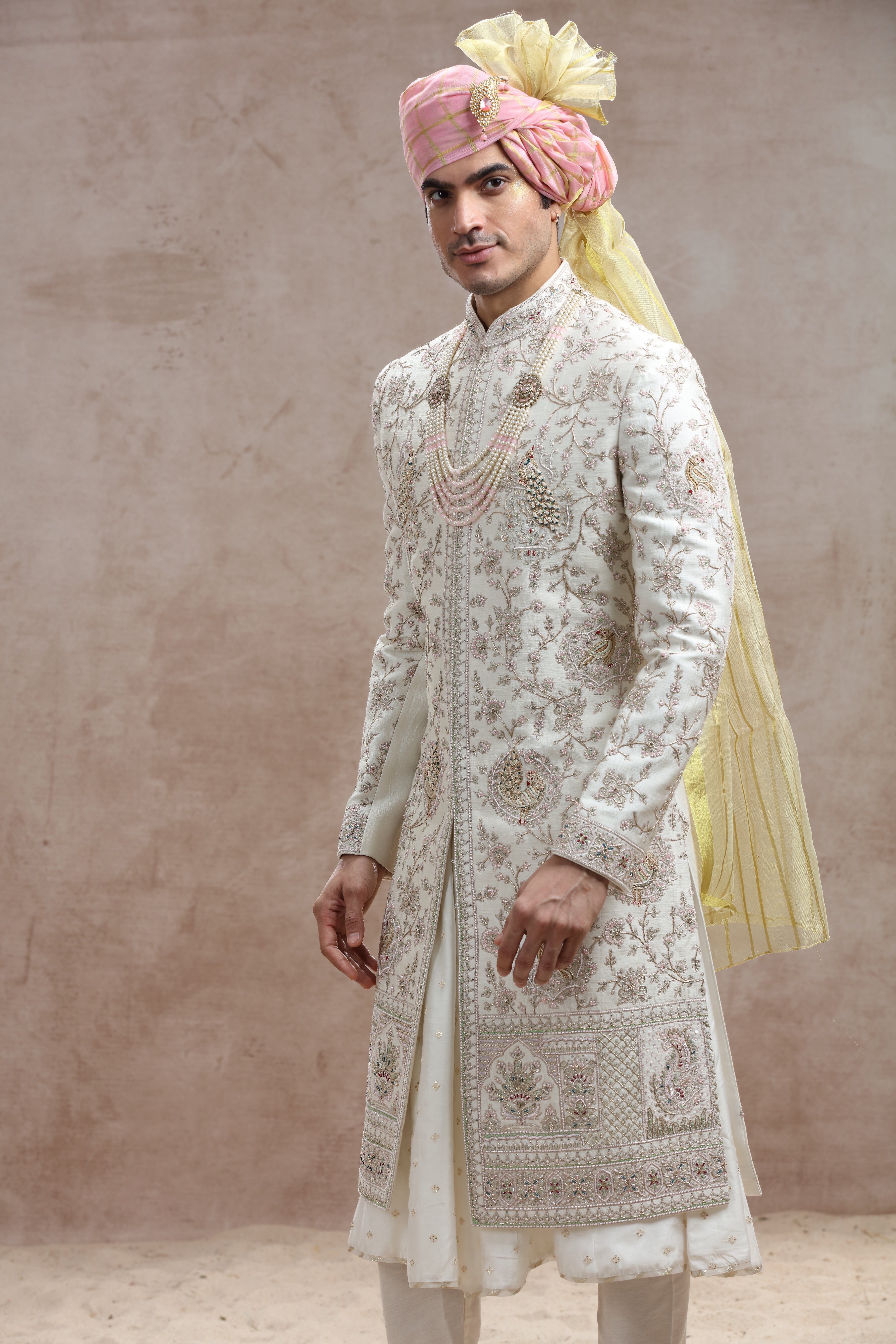 Ivory Raw Silk Sherwani with Peacock & Floral Thread Work