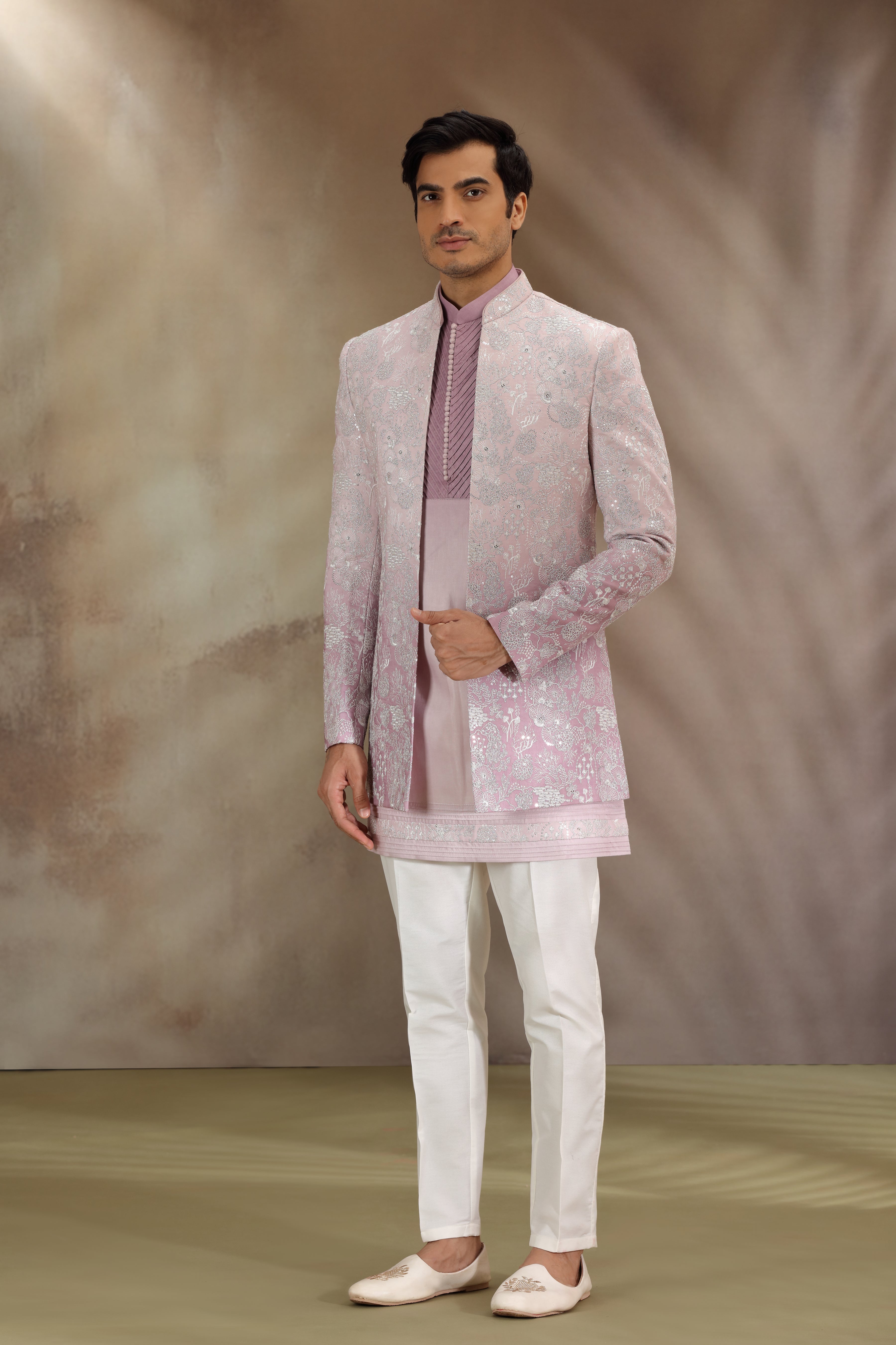 Pastel Pink Silk Indo Western with Resham and Dori Work