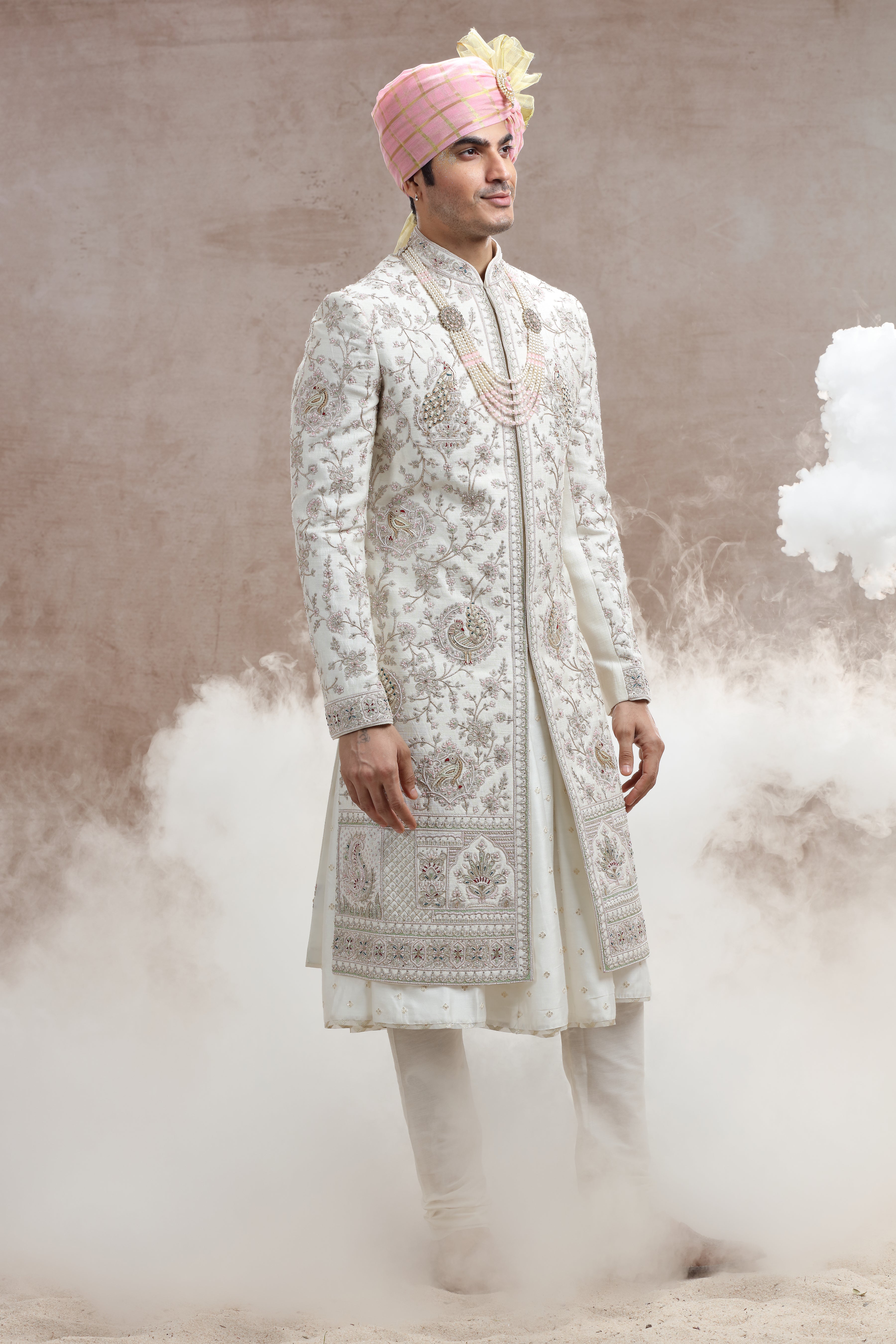 Ivory Raw Silk Sherwani with Peacock & Floral Thread Work