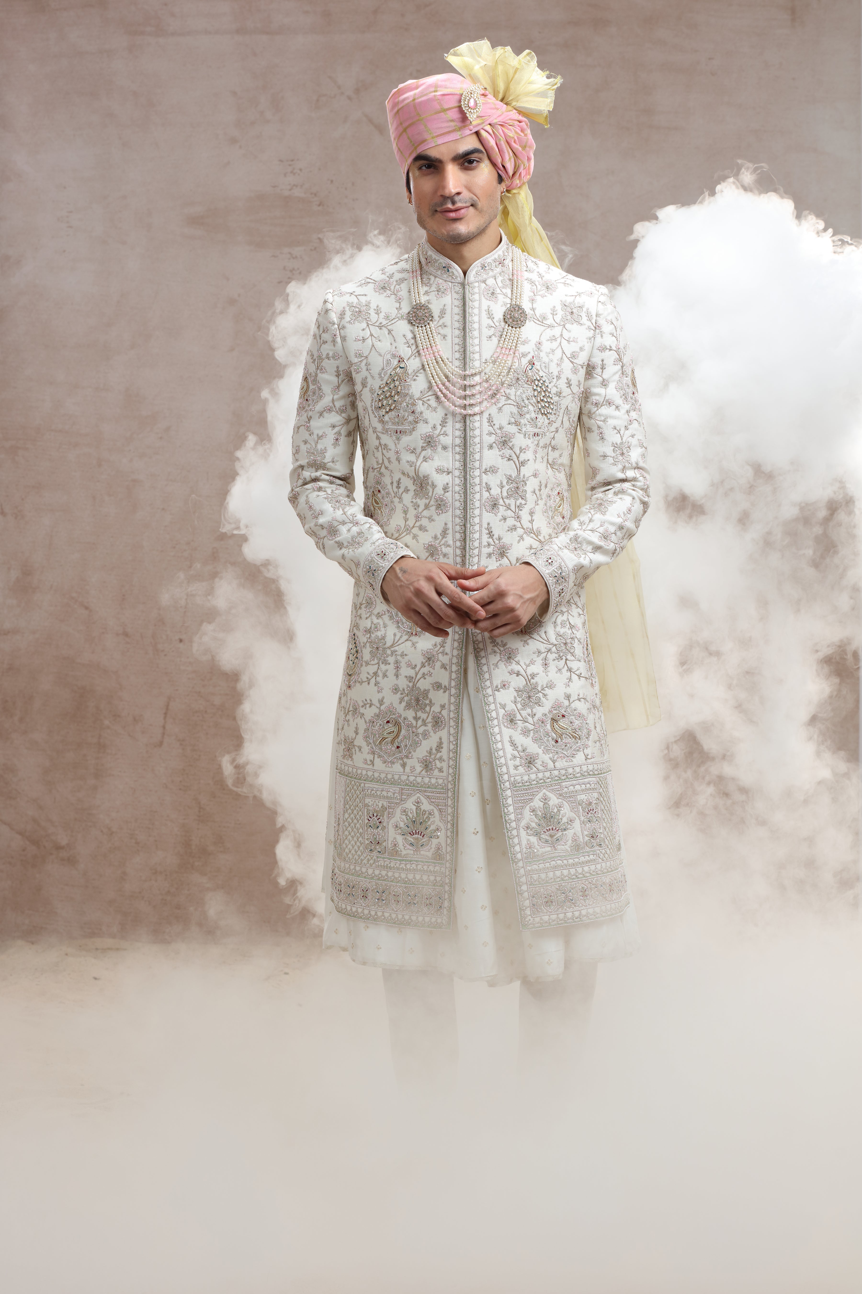 Ivory Raw Silk Sherwani with Peacock & Floral Thread Work