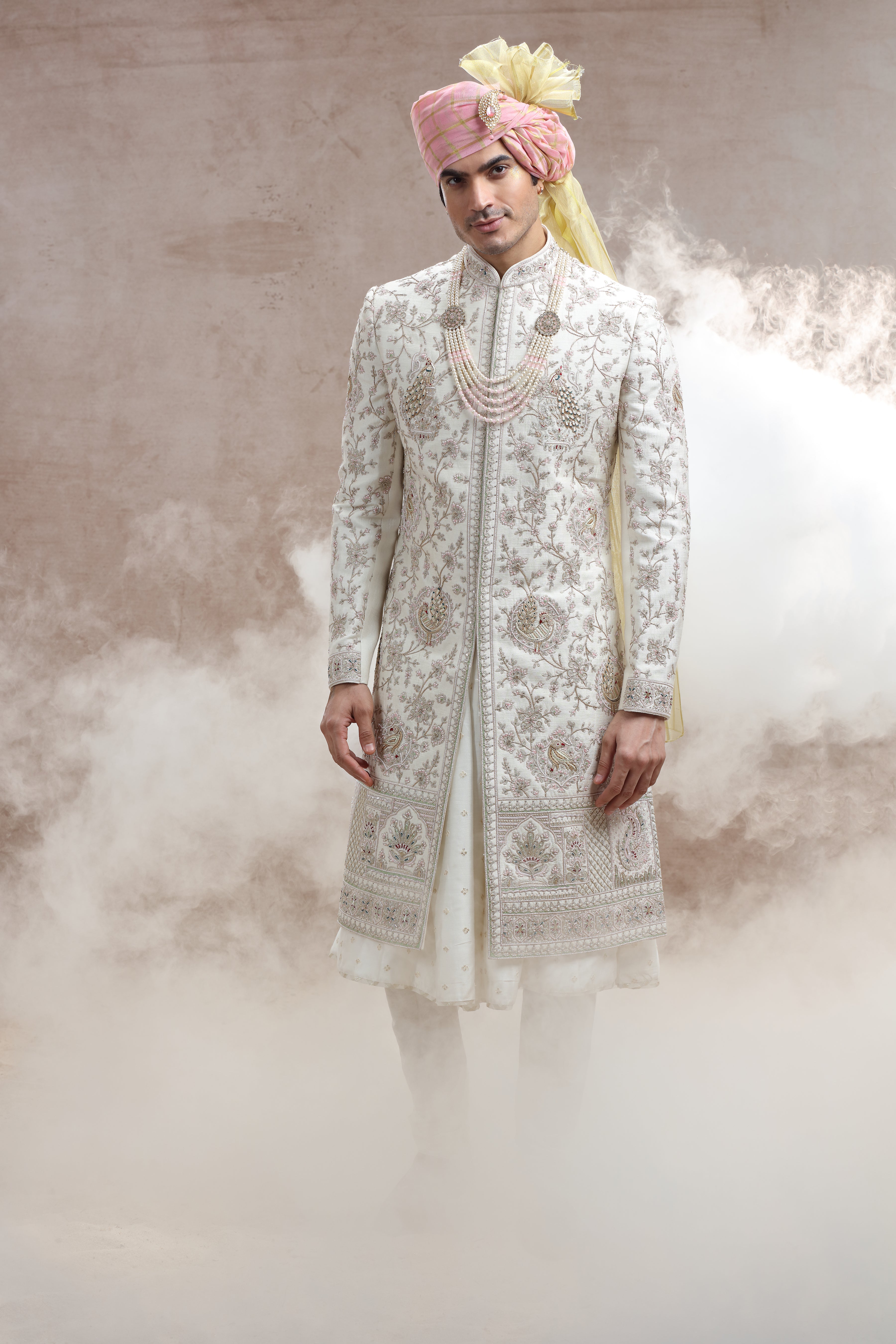 Ivory Raw Silk Sherwani with Peacock & Floral Thread Work