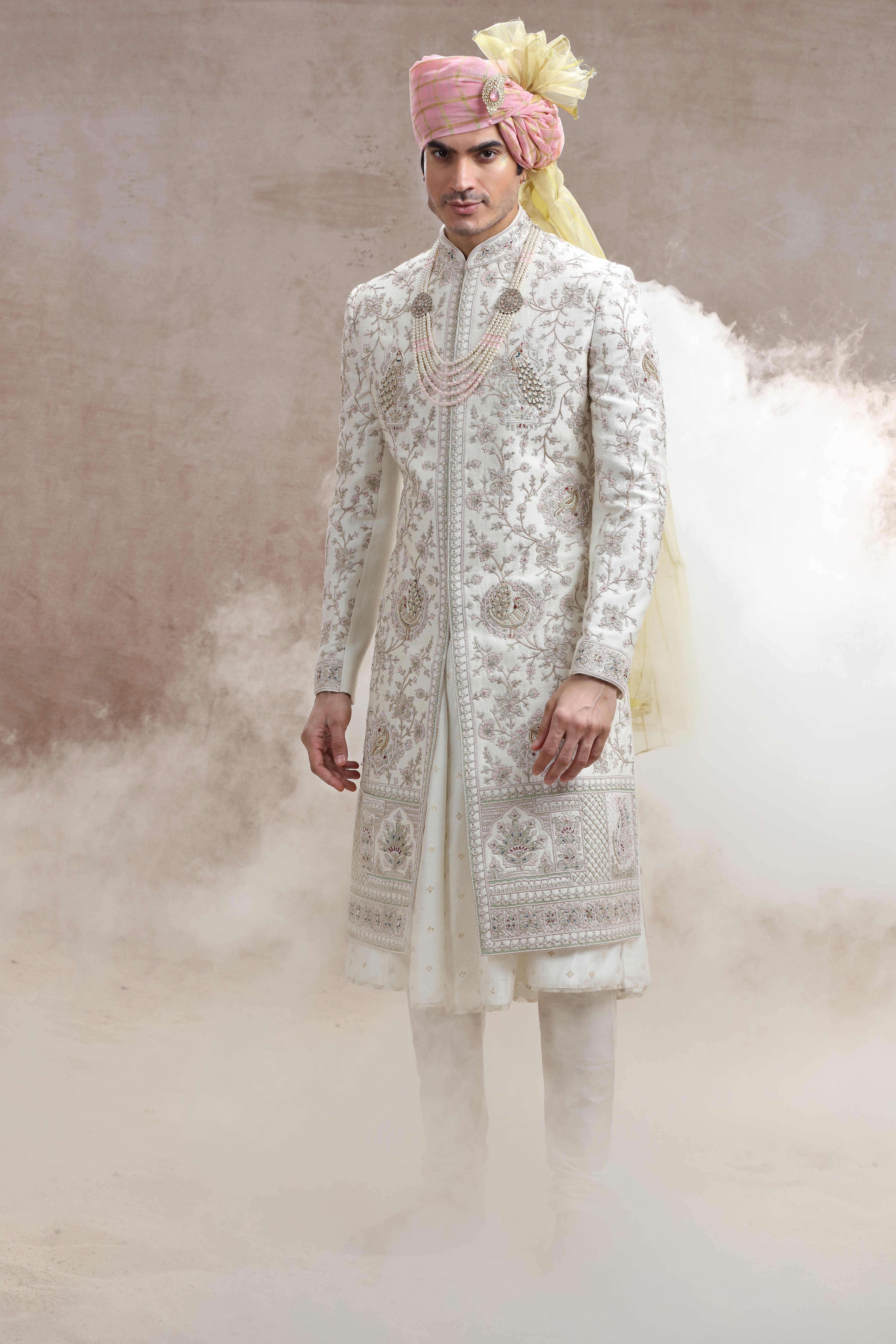 Ivory Raw Silk Sherwani with Peacock & Floral Thread Work