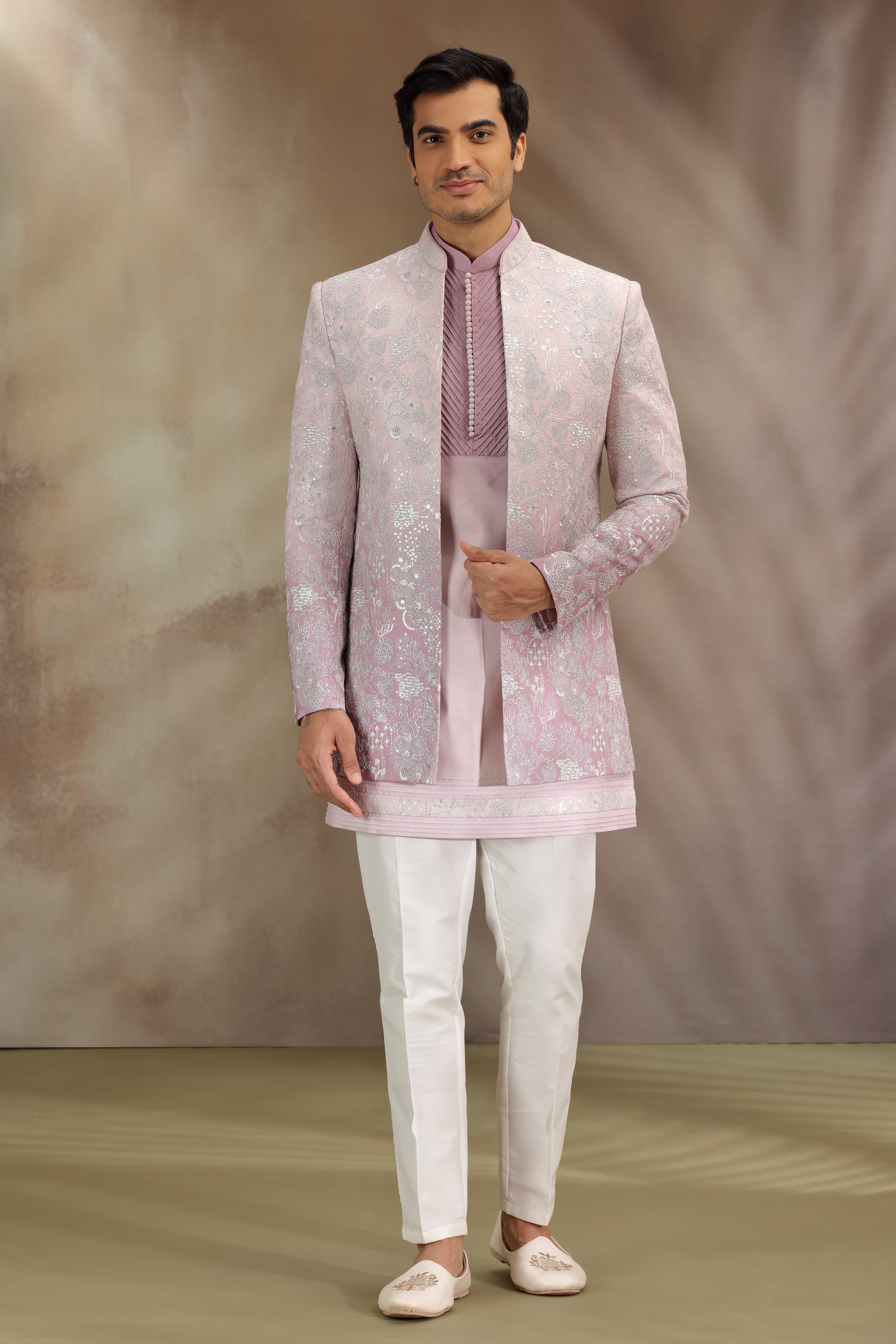 Pastel Pink Silk Indo Western with Resham and Dori Work