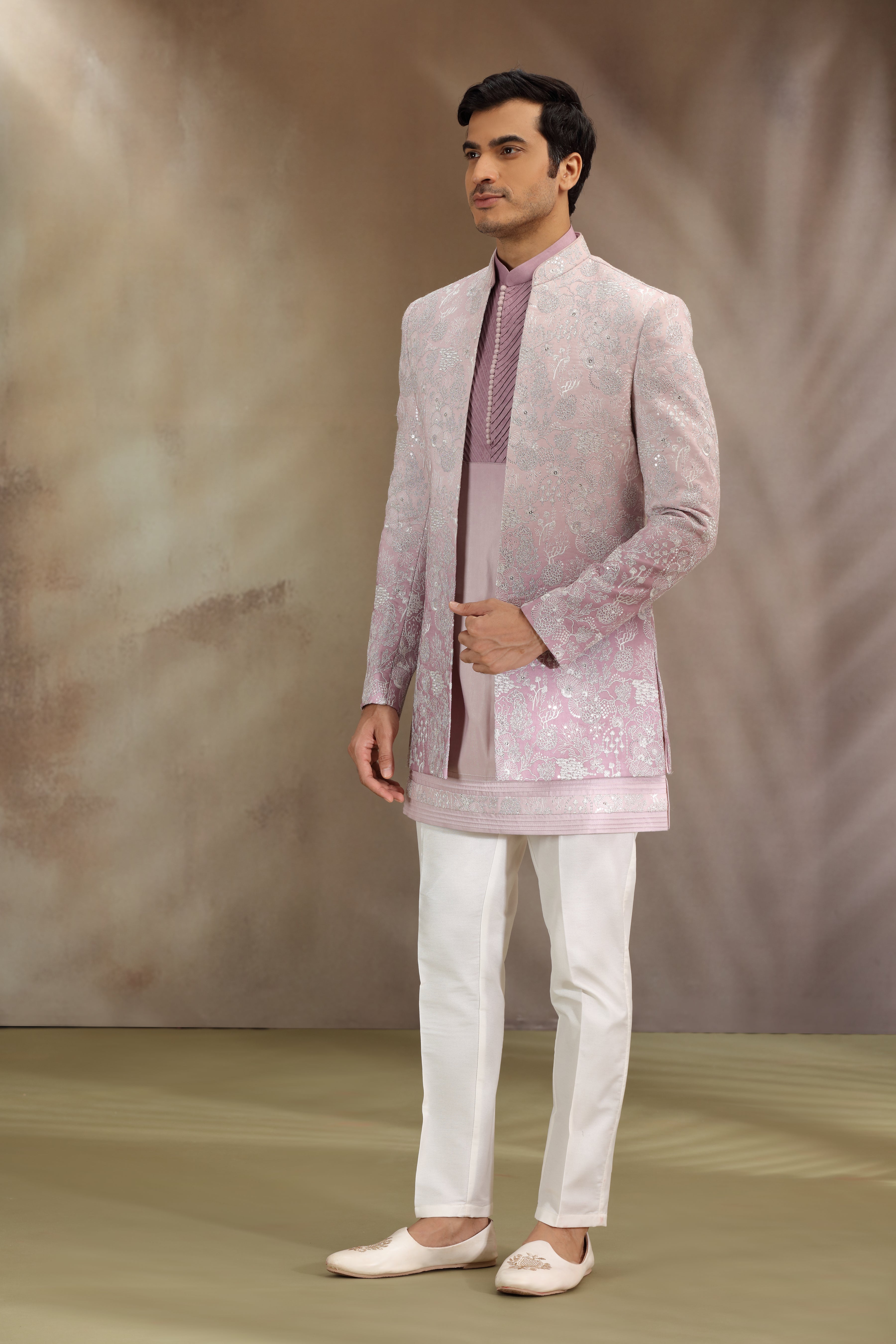Pastel Pink Silk Indo Western with Resham and Dori Work