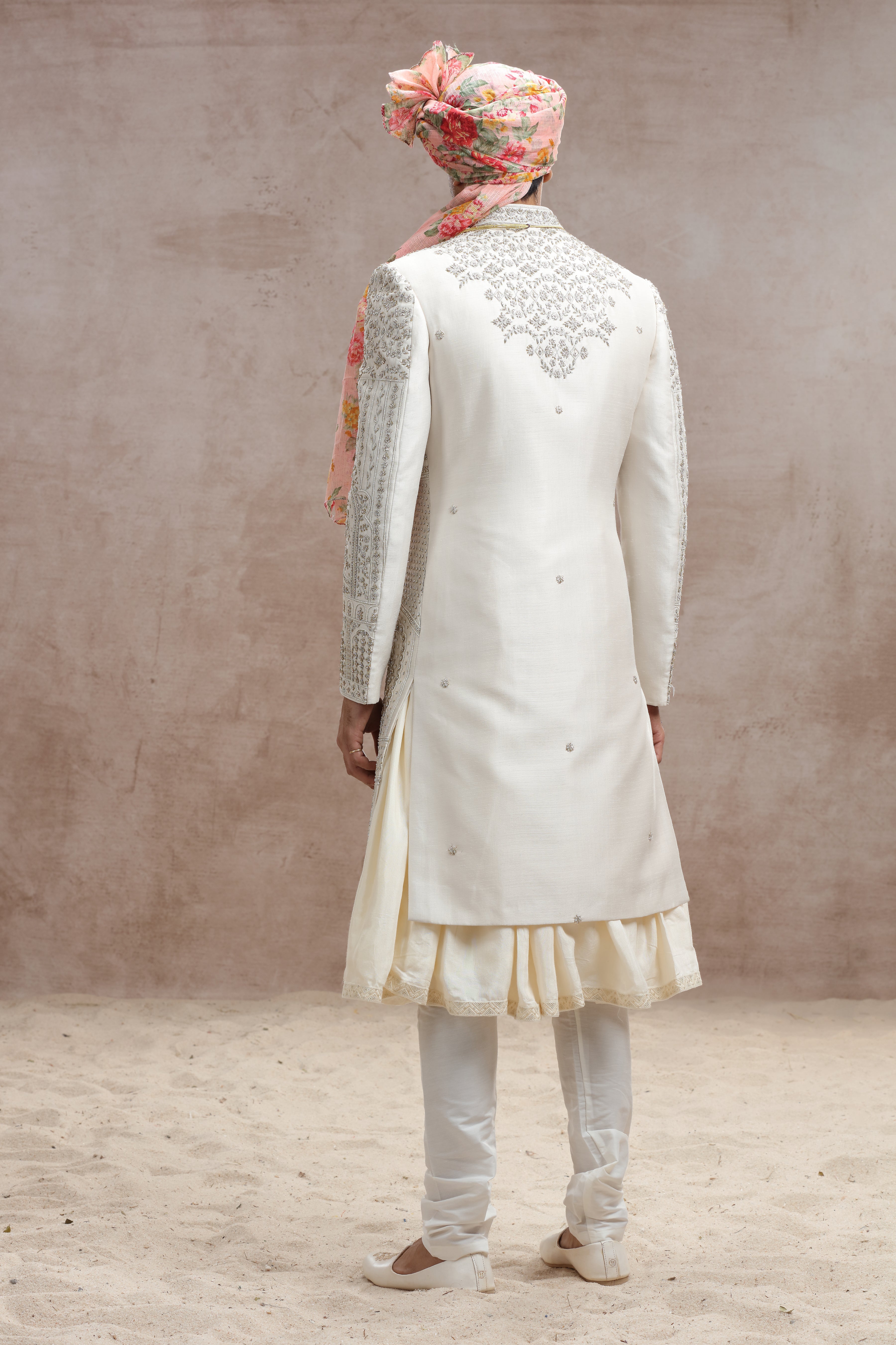 Ivory Raw Silk Sherwani with Thread Work, Beads & Cutdana