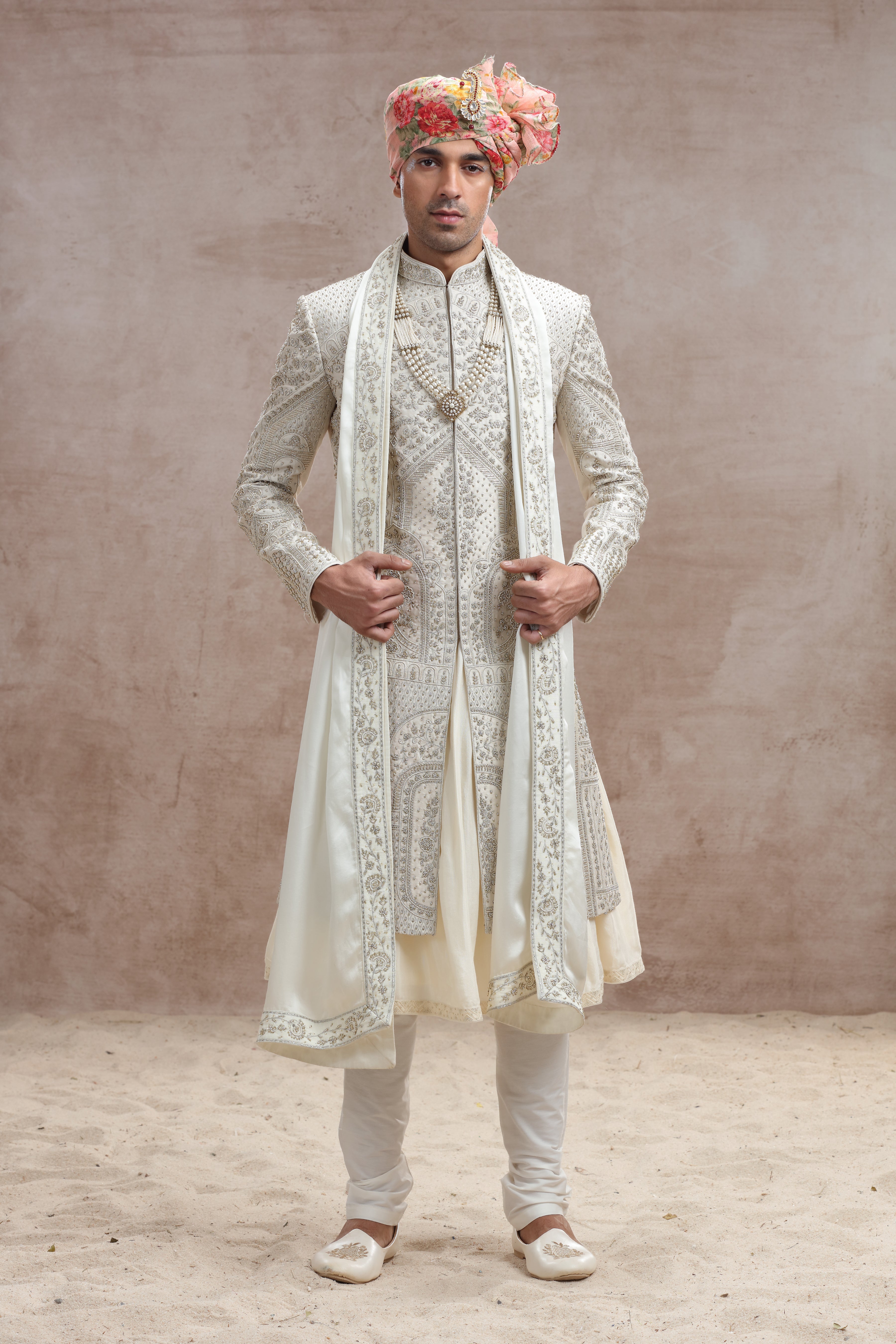 Ivory Raw Silk Sherwani with Thread Work, Beads & Cutdana