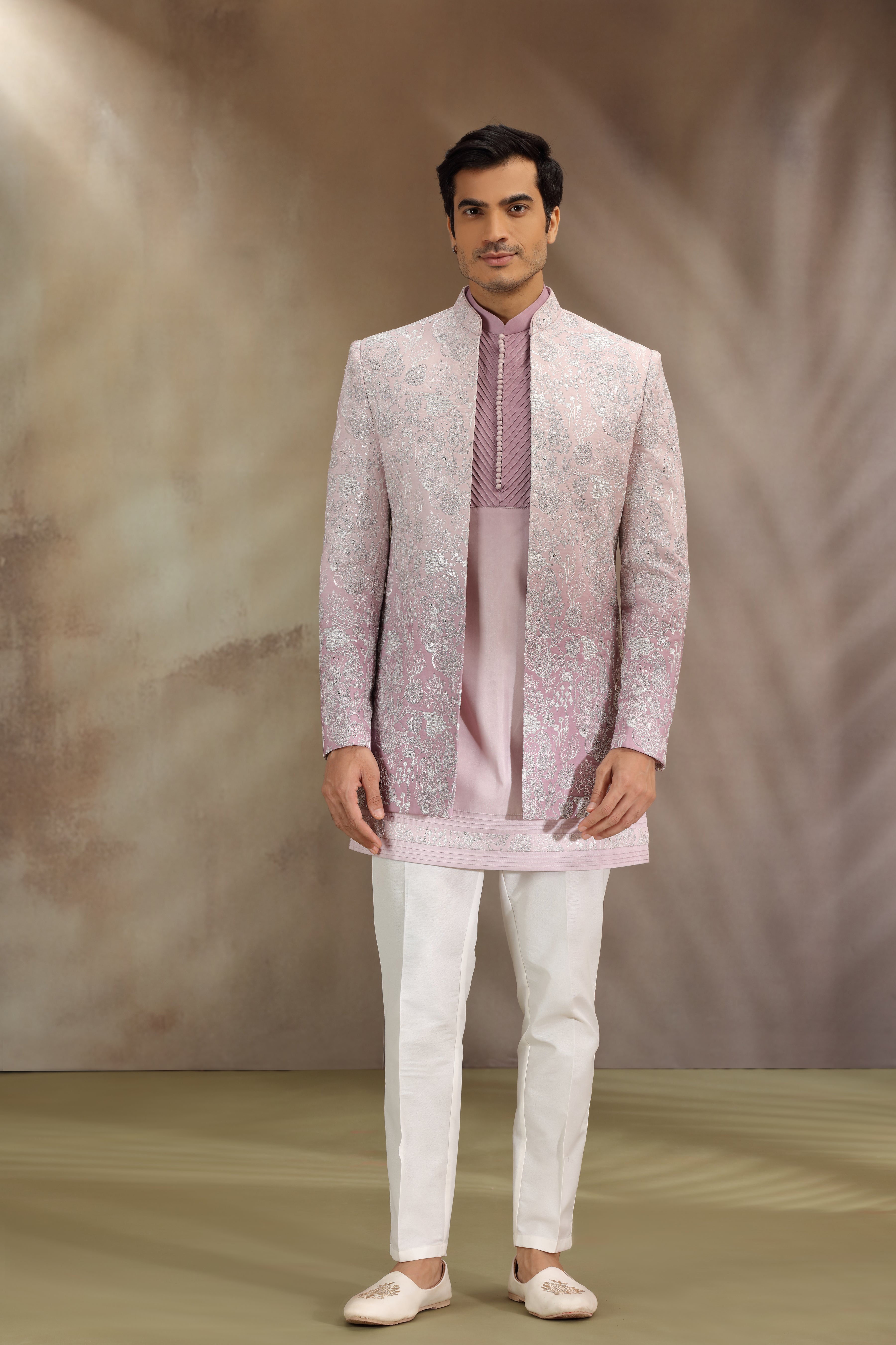 Pastel Pink Silk Indo Western with Resham and Dori Work