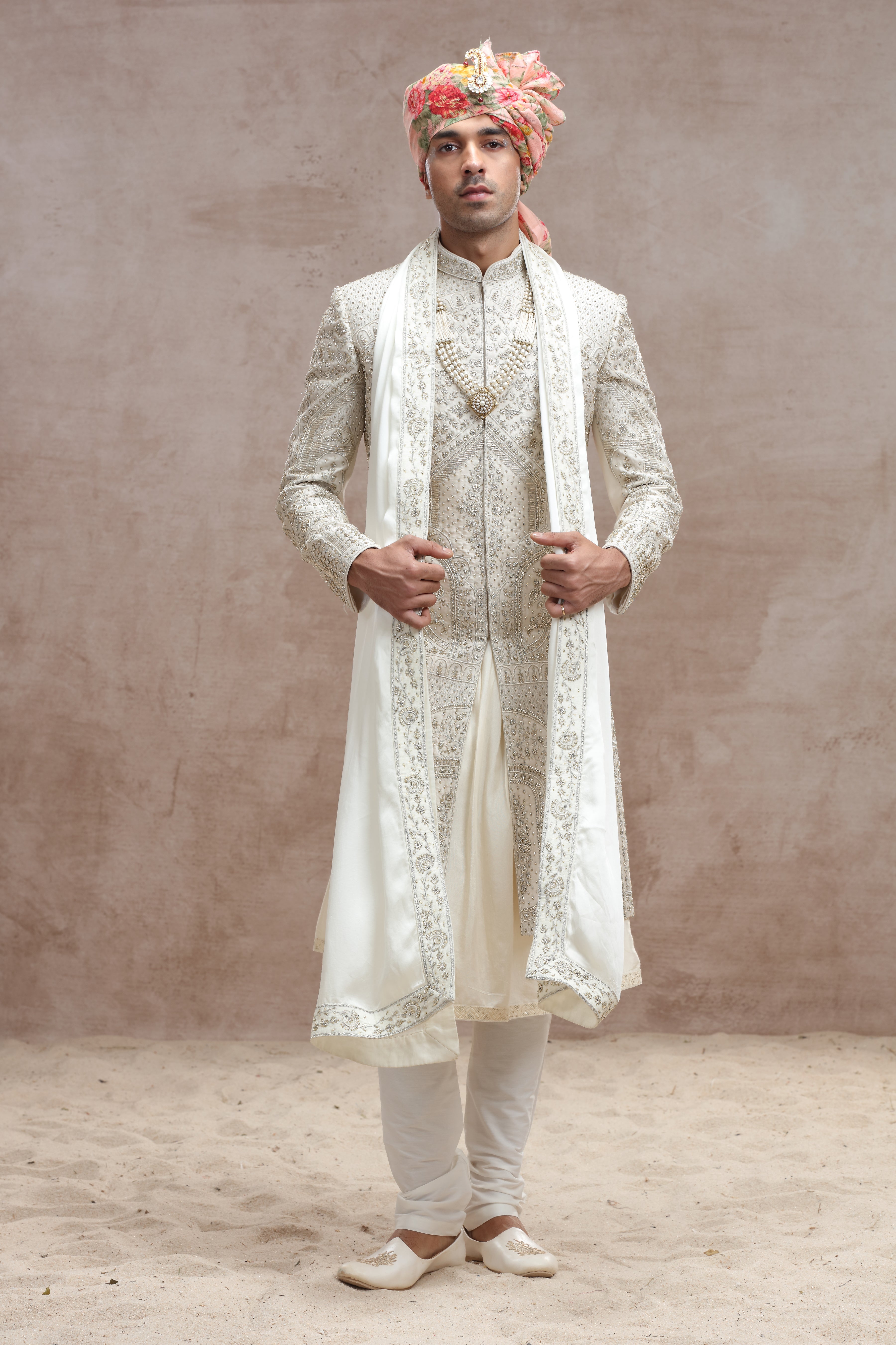 Ivory Raw Silk Sherwani with Thread Work, Beads & Cutdana