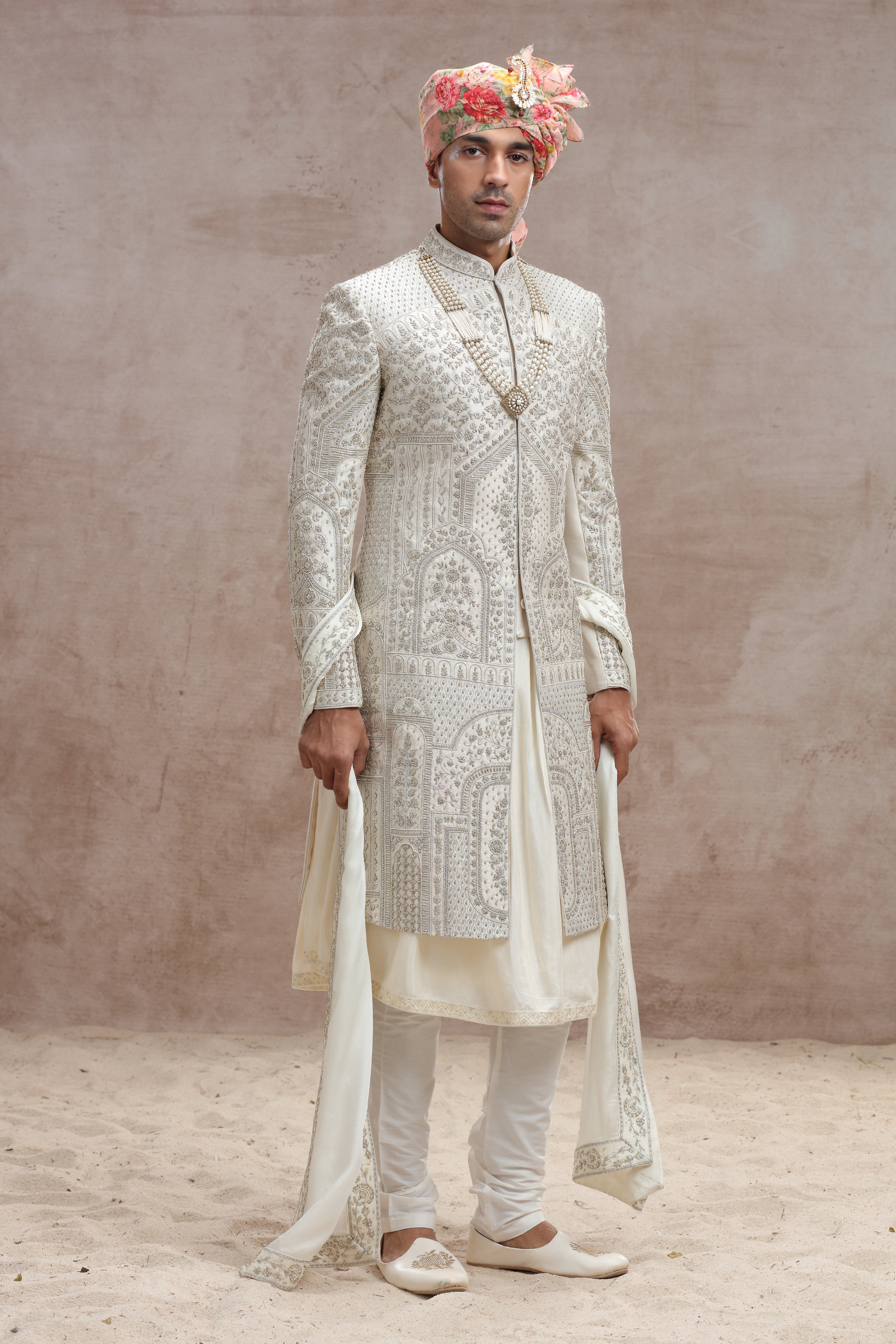 Ivory Raw Silk Sherwani with Thread Work, Beads & Cutdana