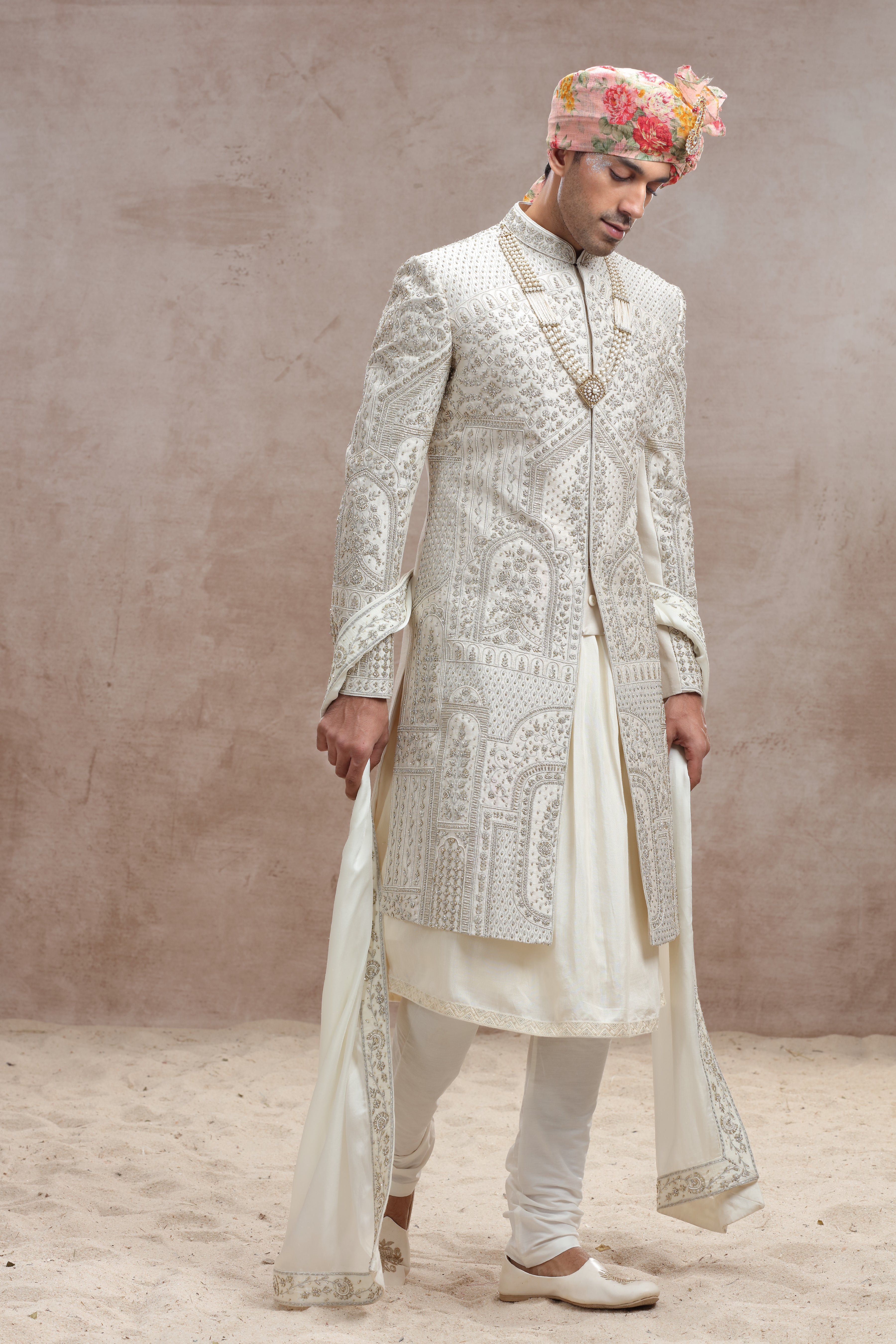 Ivory Raw Silk Sherwani with Thread Work, Beads & Cutdana