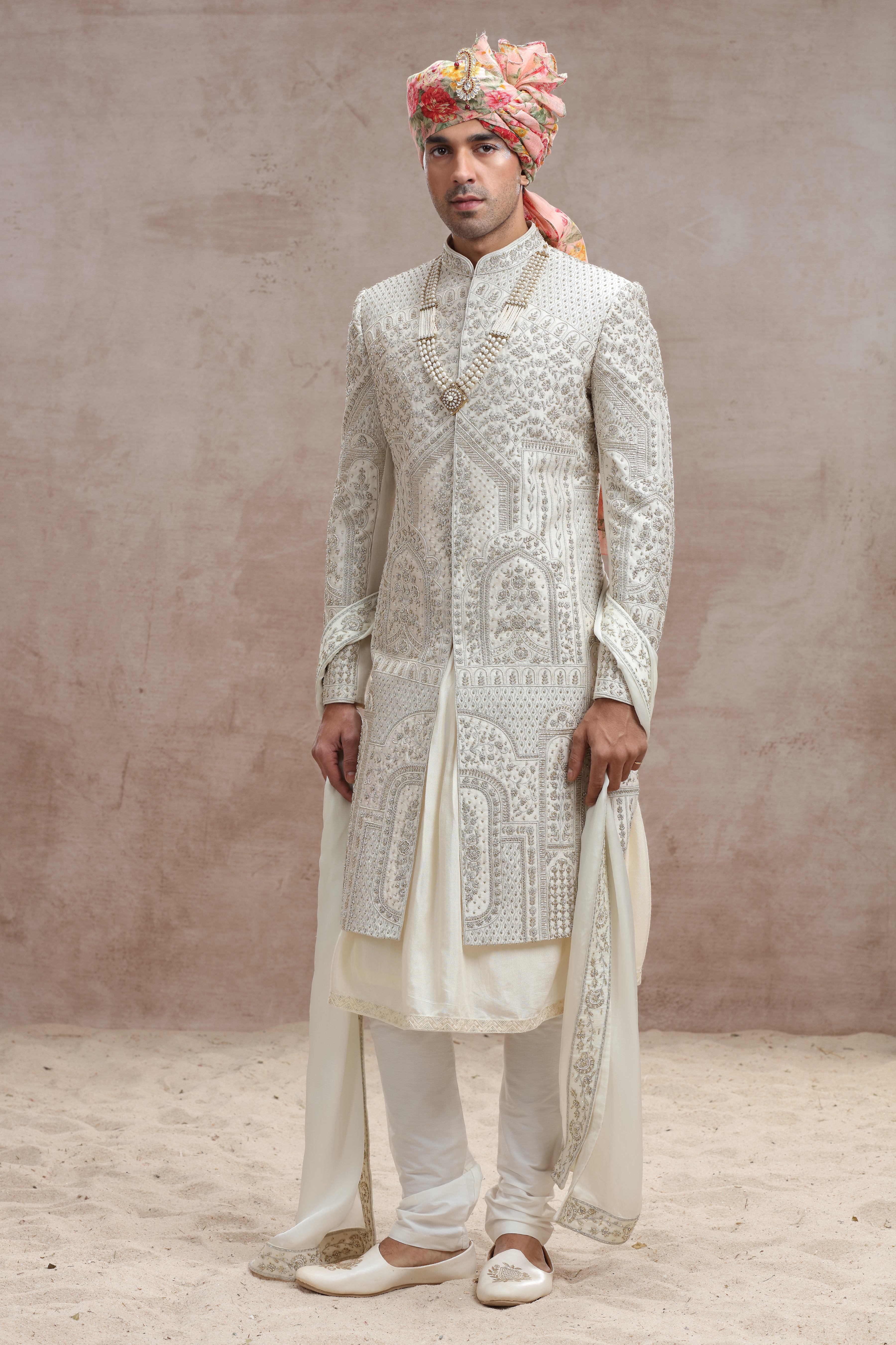 Ivory Raw Silk Sherwani with Thread Work, Beads & Cutdana