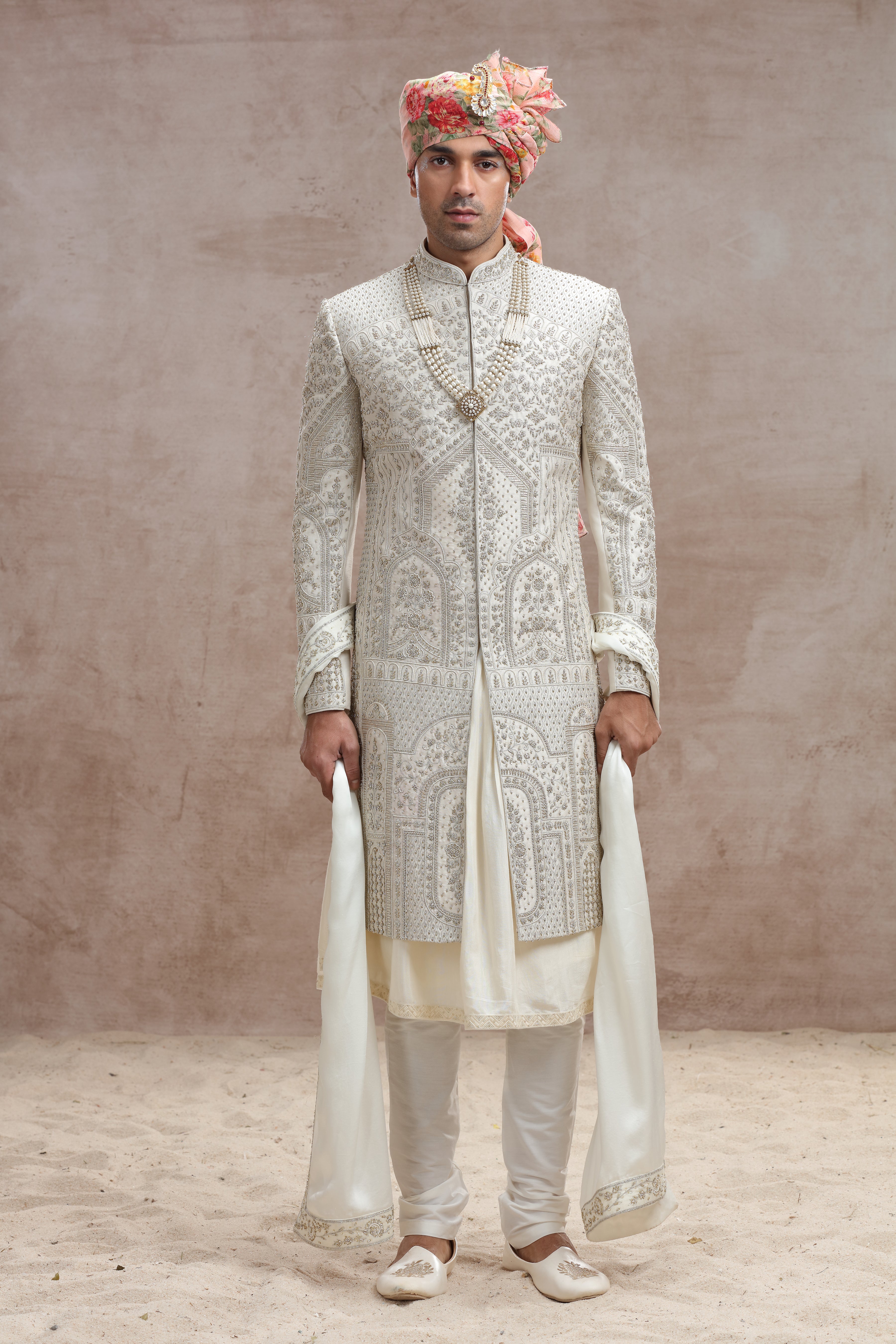 Ivory Raw Silk Sherwani with Thread Work, Beads & Cutdana