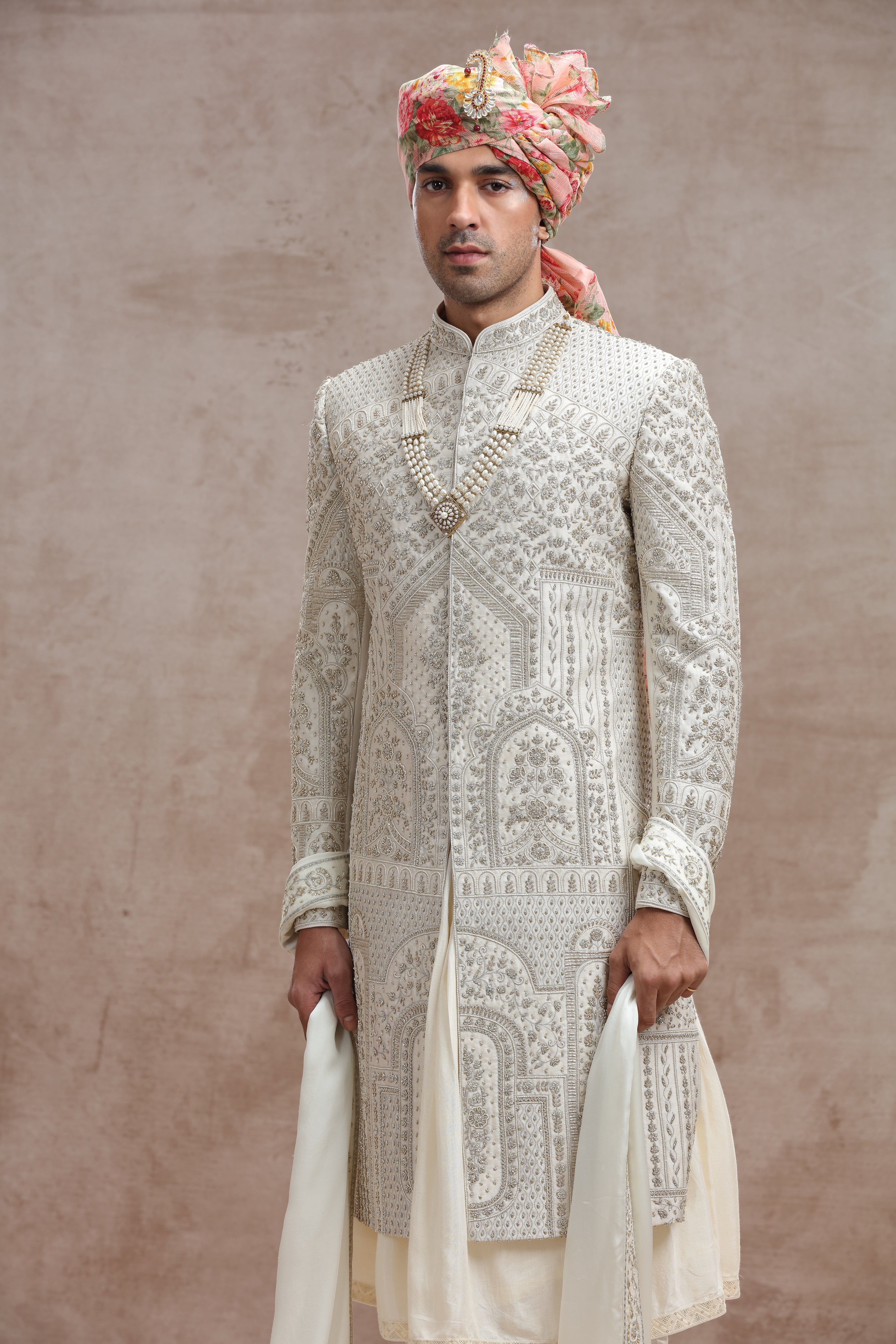 Ivory Raw Silk Sherwani with Thread Work, Beads & Cutdana