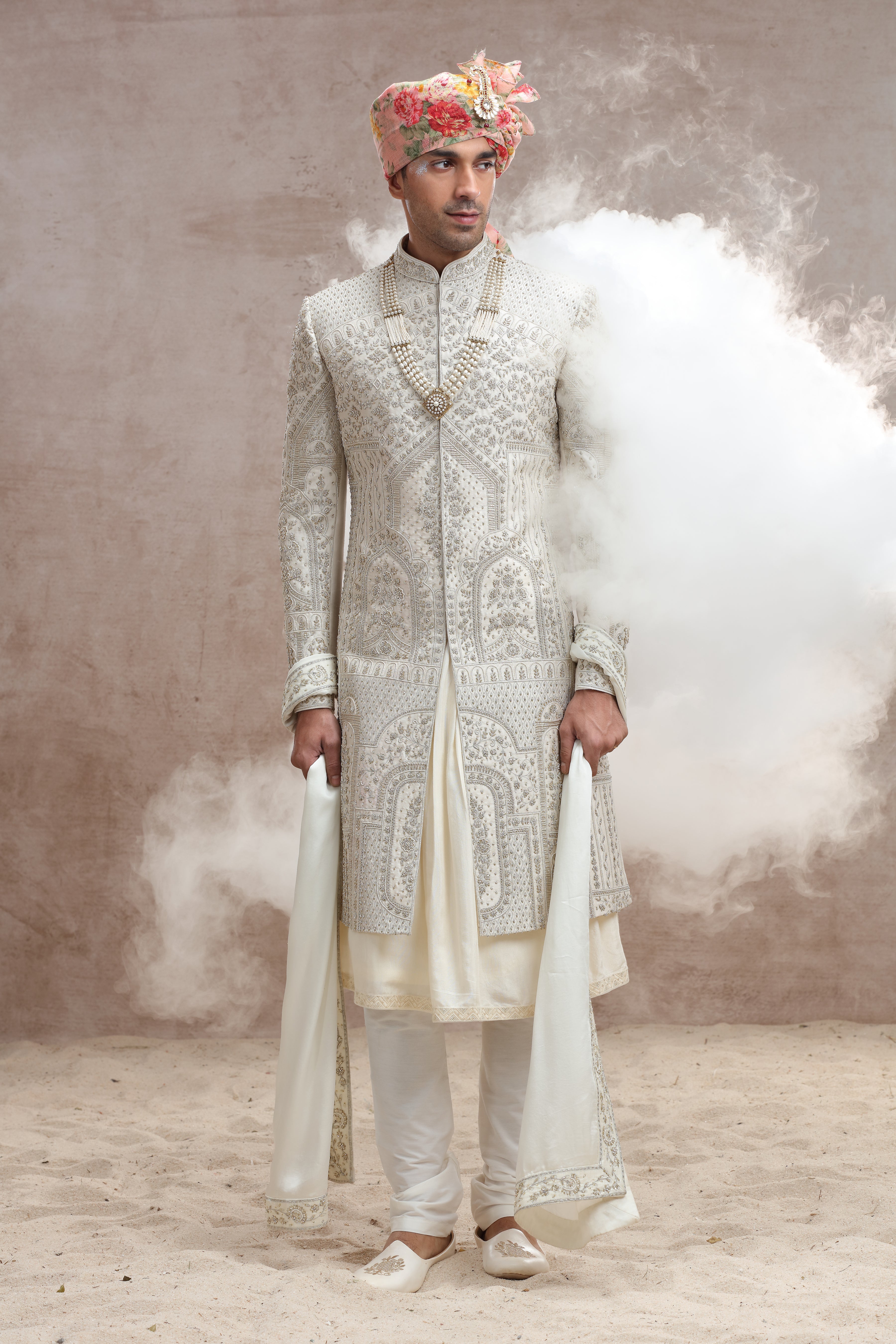 Ivory Raw Silk Sherwani with Thread Work, Beads & Cutdana