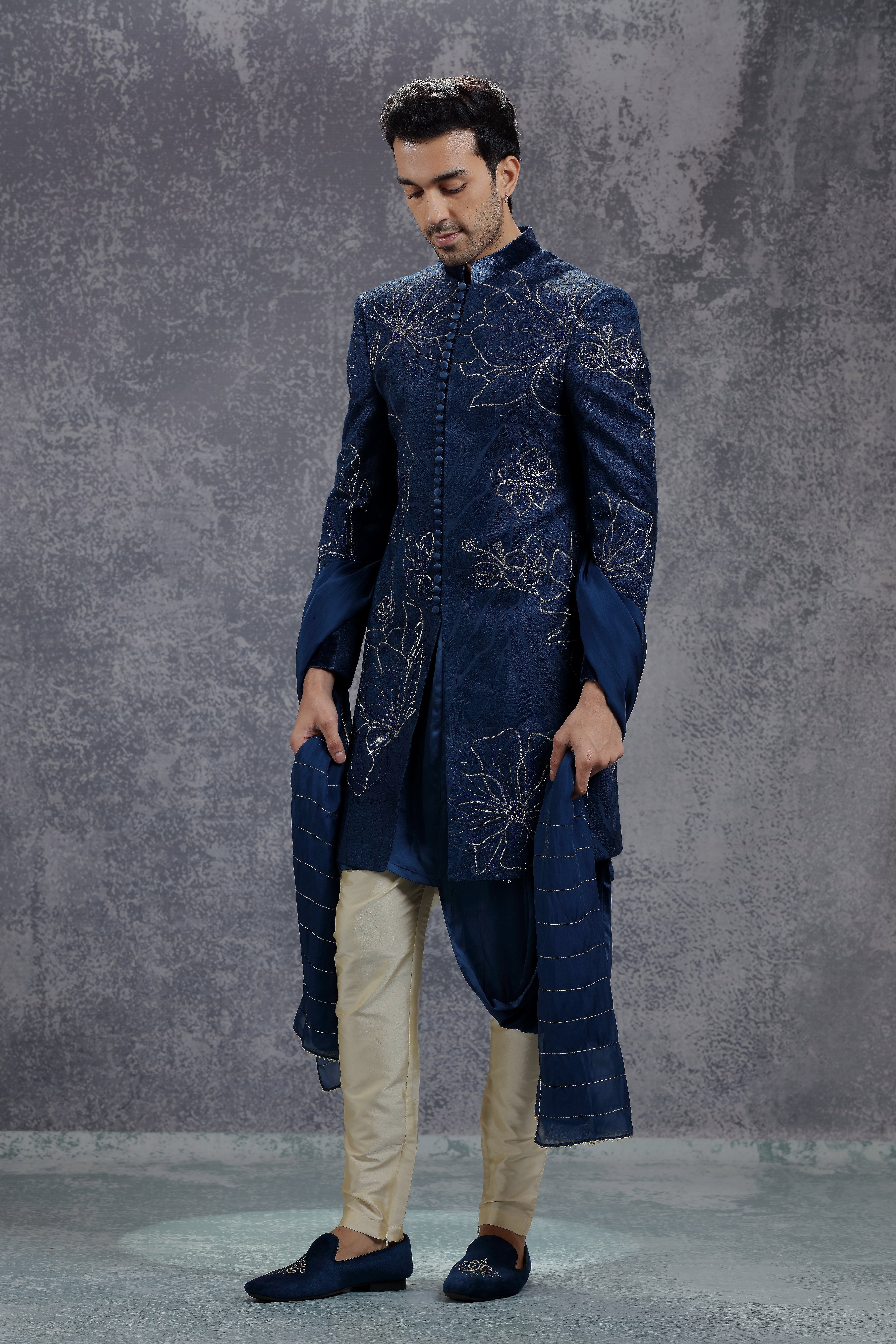 Dark Blue Velvet Jacket with Flower Embroidery - Shreeman