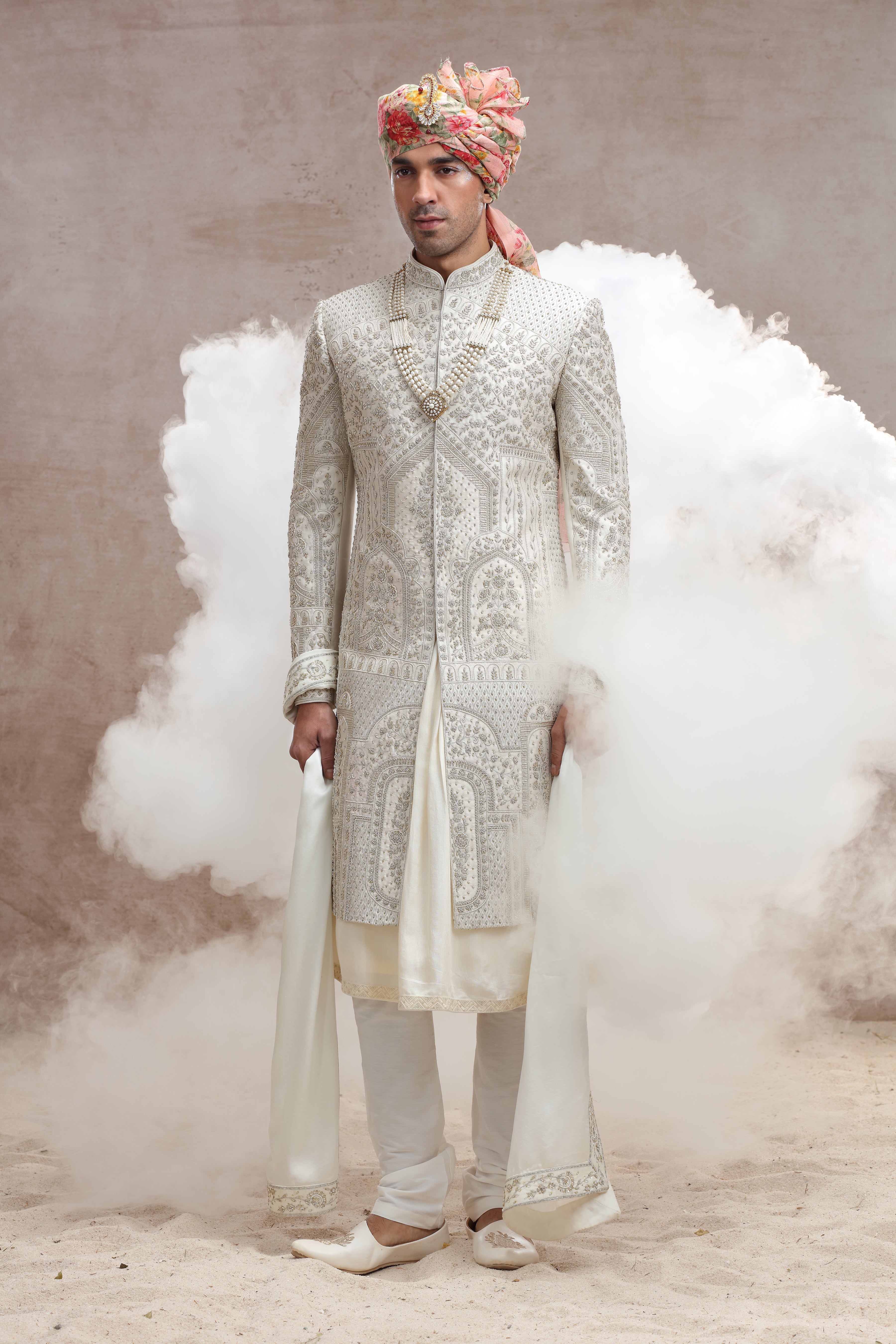 Ivory Raw Silk Sherwani with Thread Work, Beads & Cutdana