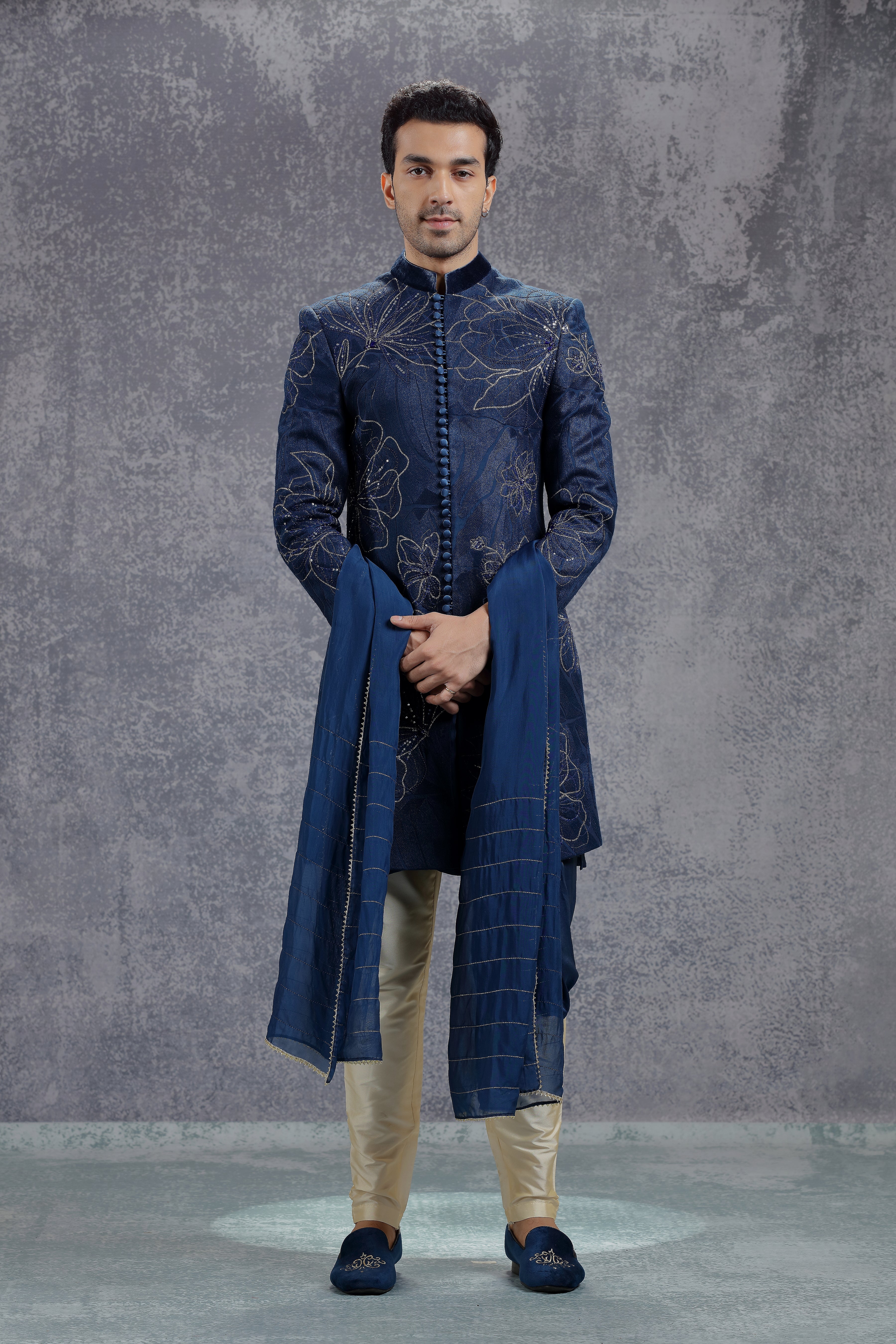 Dark Blue Velvet Jacket with Flower Embroidery - Shreeman