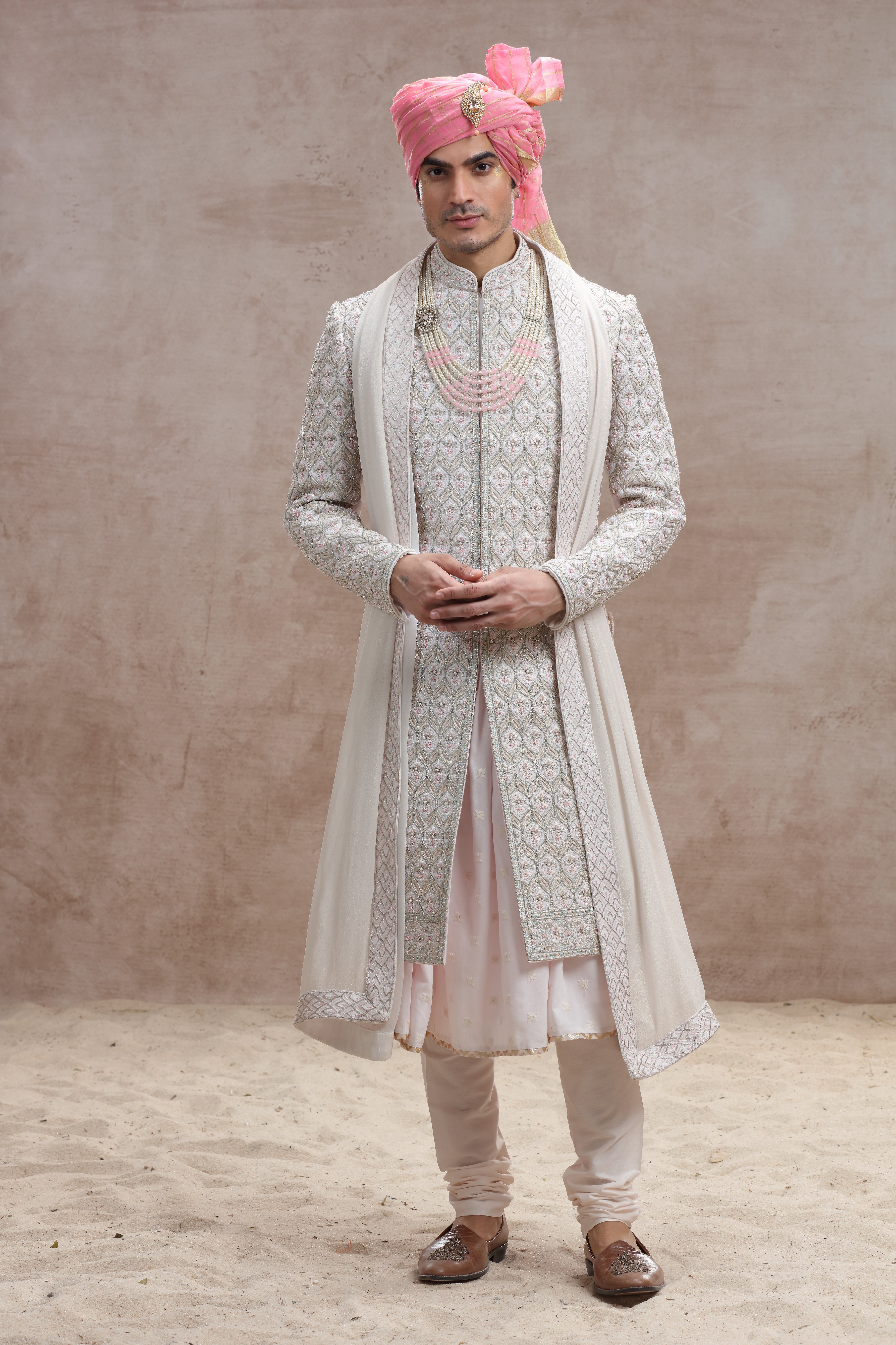 Champagne Silk Sherwani with Cut Work, Beads & Sequins