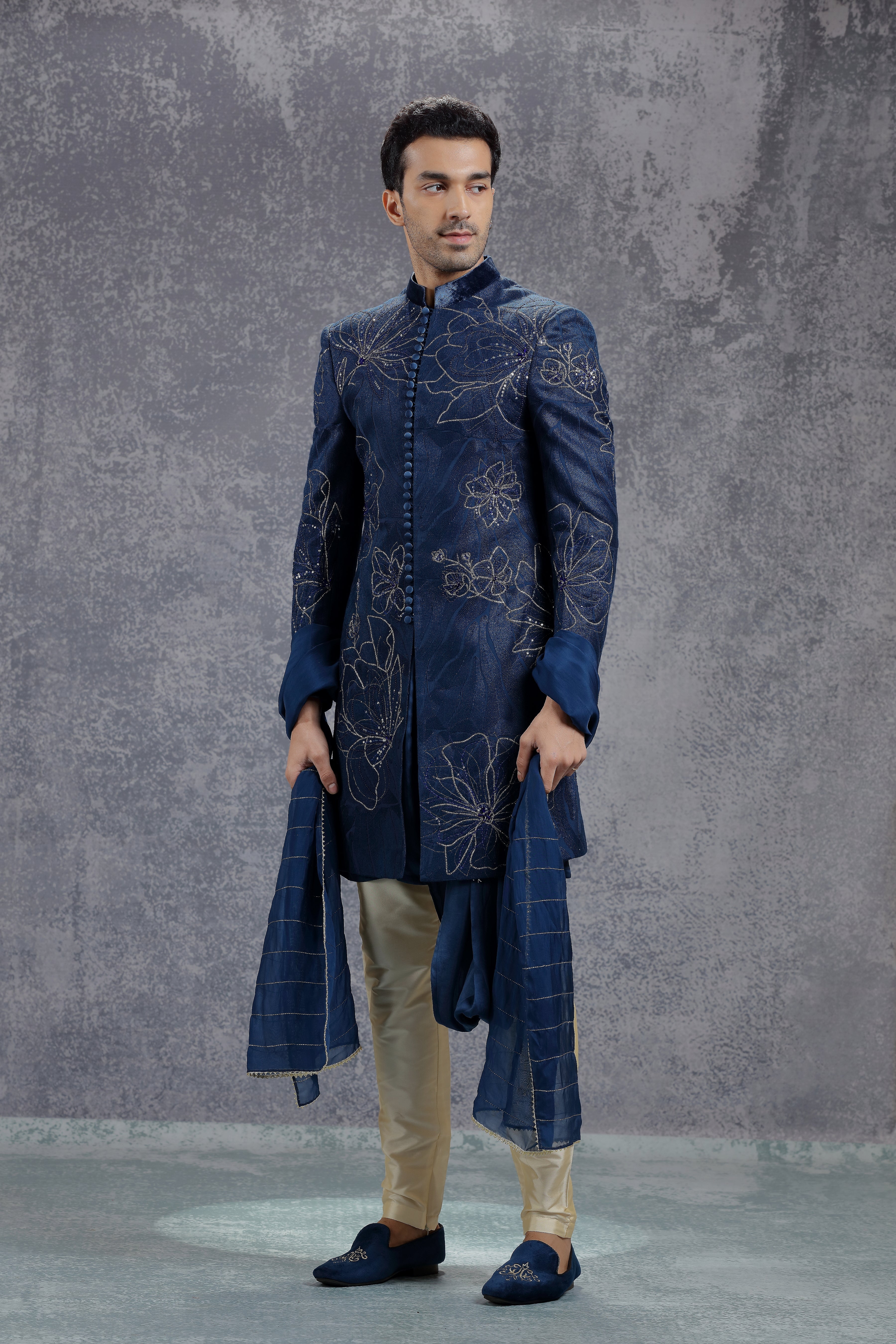 Dark Blue Velvet Jacket with Flower Embroidery - Shreeman