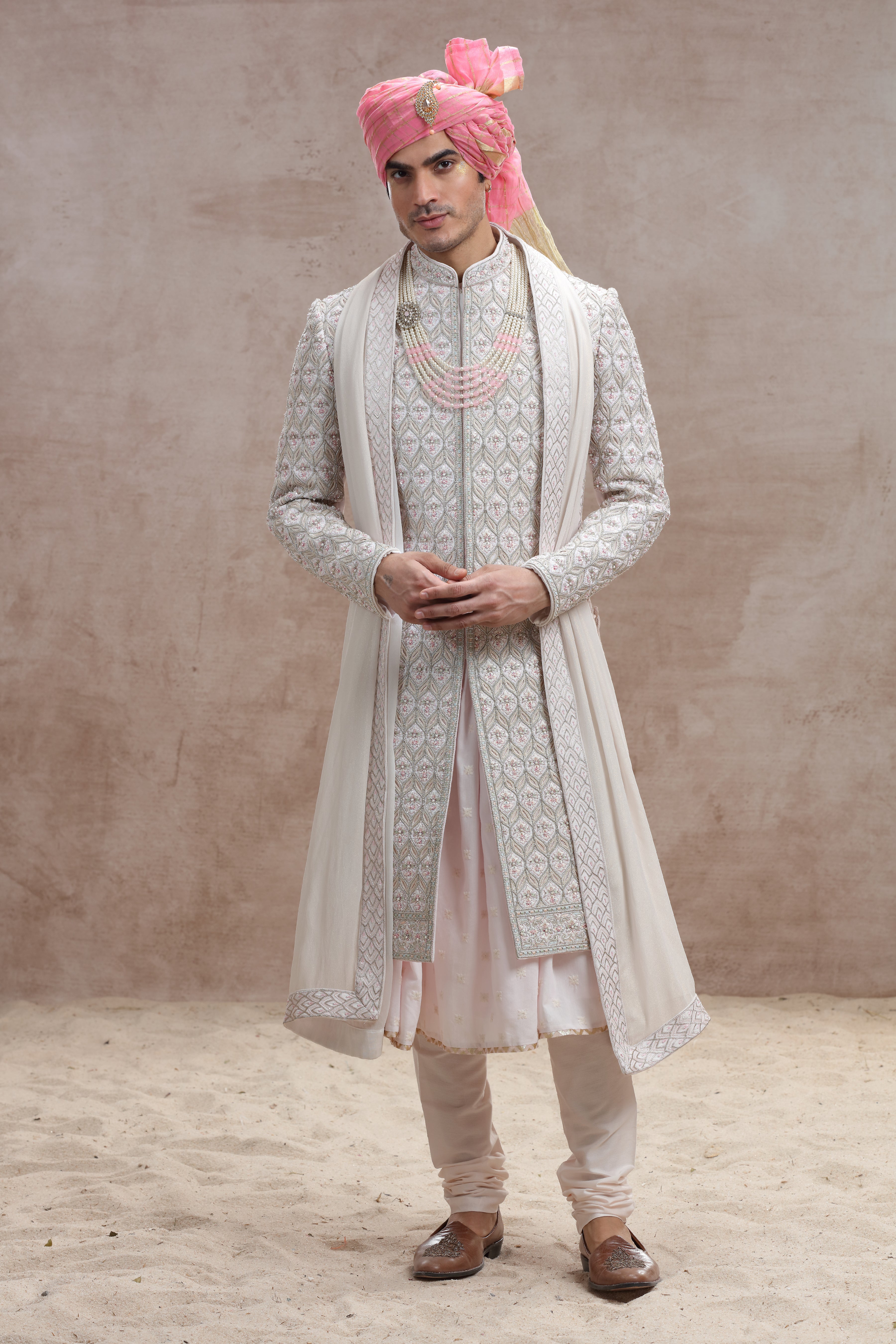 Champagne Silk Sherwani with Cut Work, Beads & Sequins