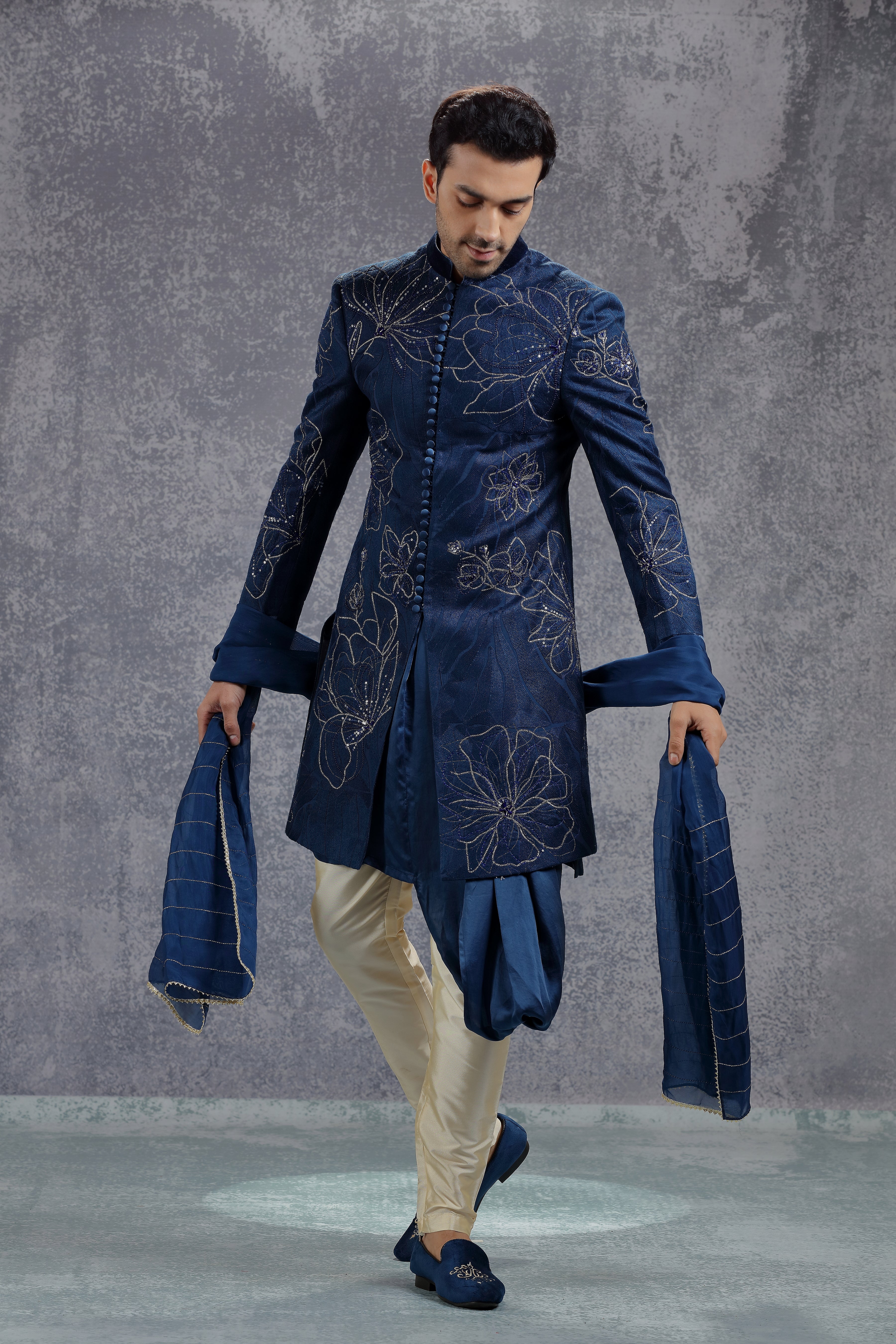 Dark Blue Velvet Jacket with Flower Embroidery - Shreeman