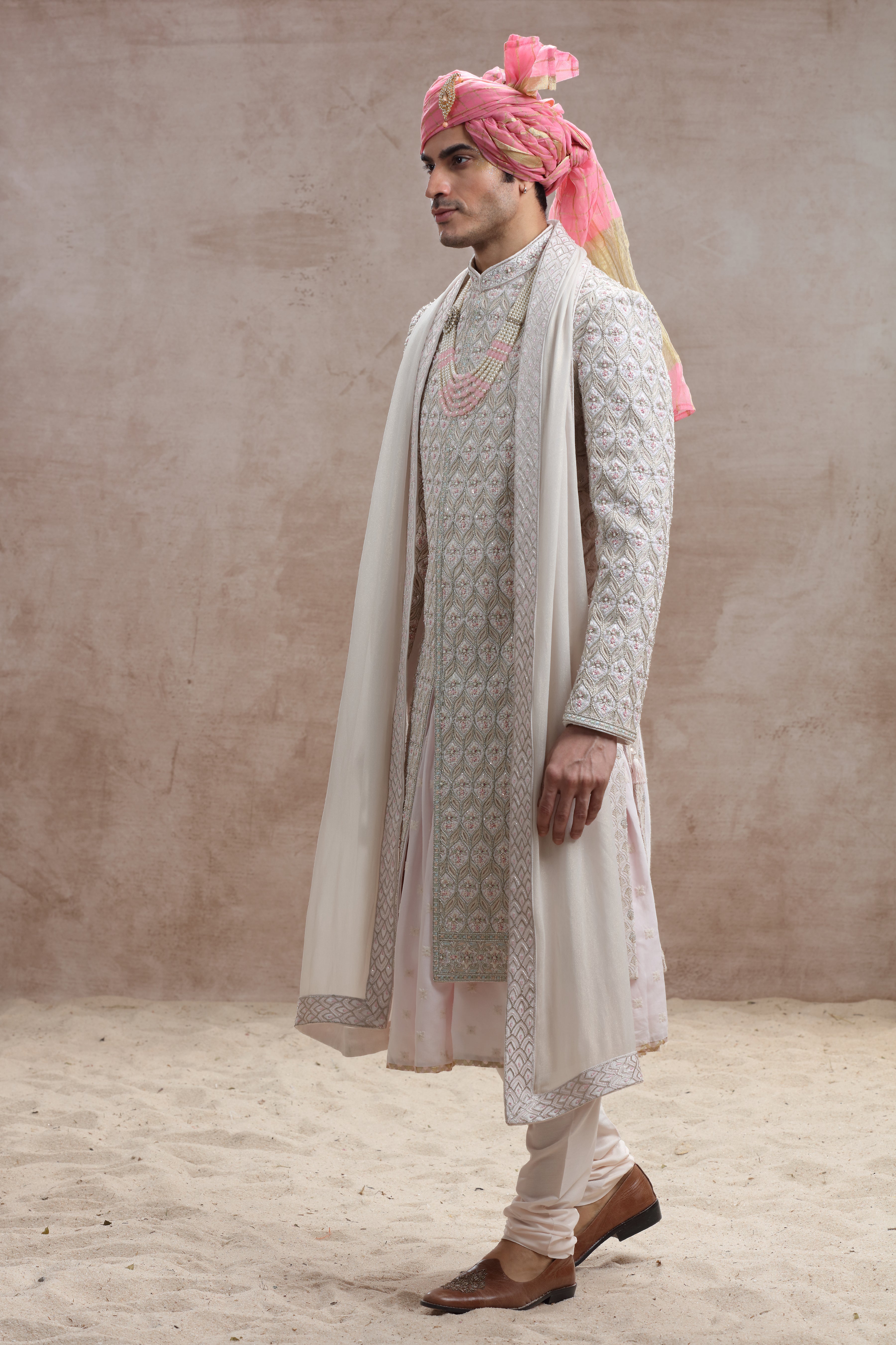 Champagne Silk Sherwani with Cut Work, Beads & Sequins