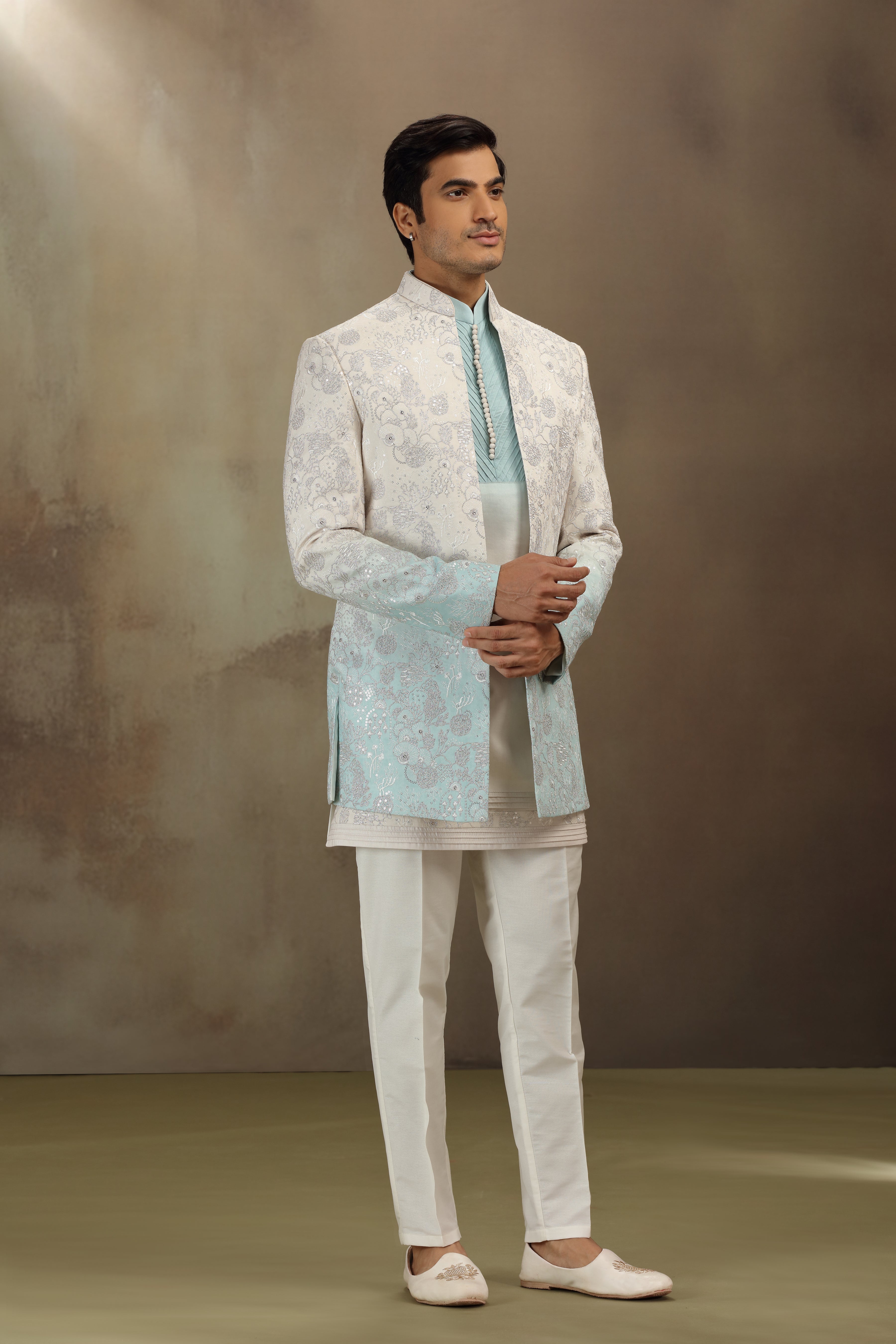 Sea Green Silk Indo Western with Resham, Dori & Sequins Work