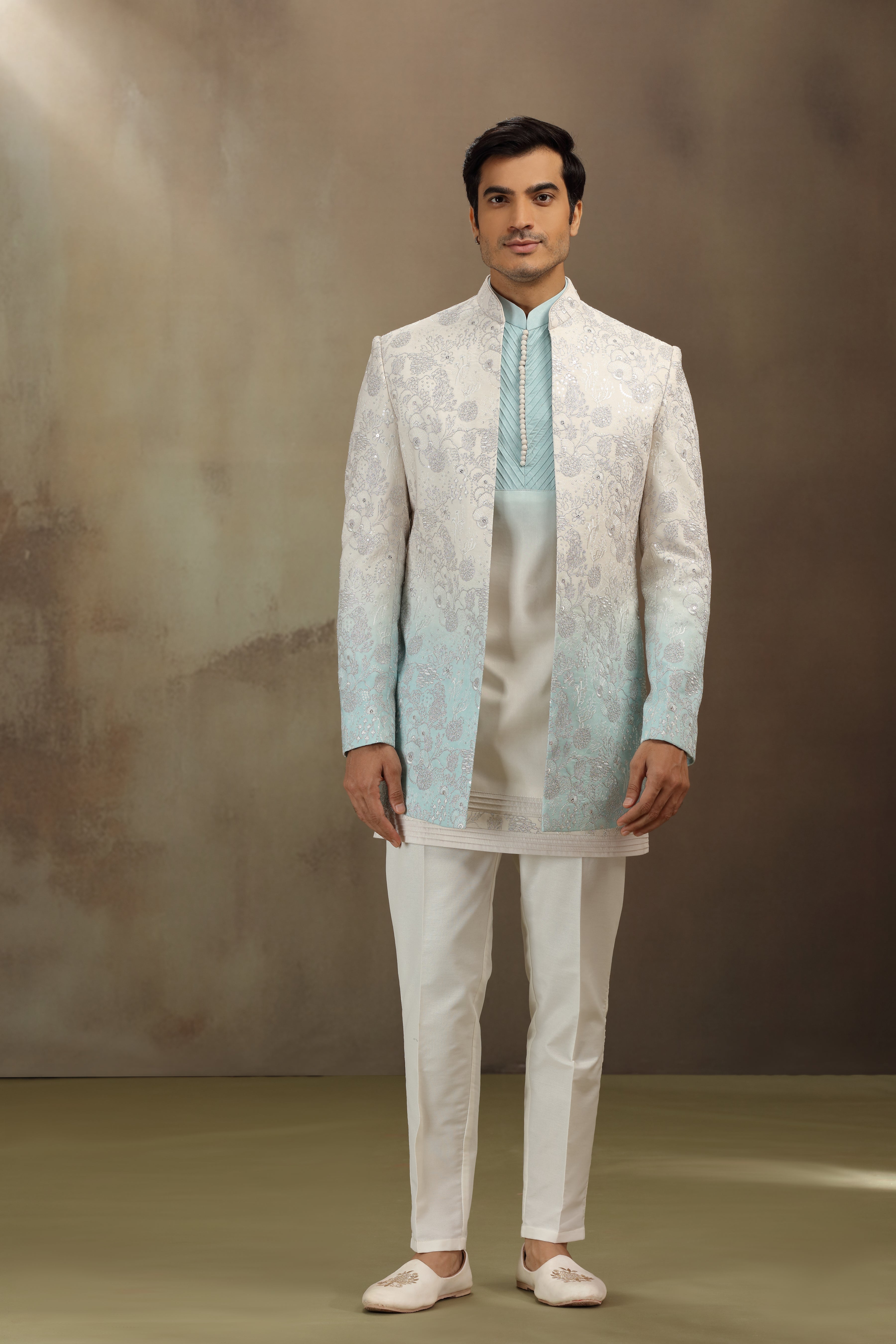 Sea Green Silk Indo Western with Resham, Dori & Sequins Work