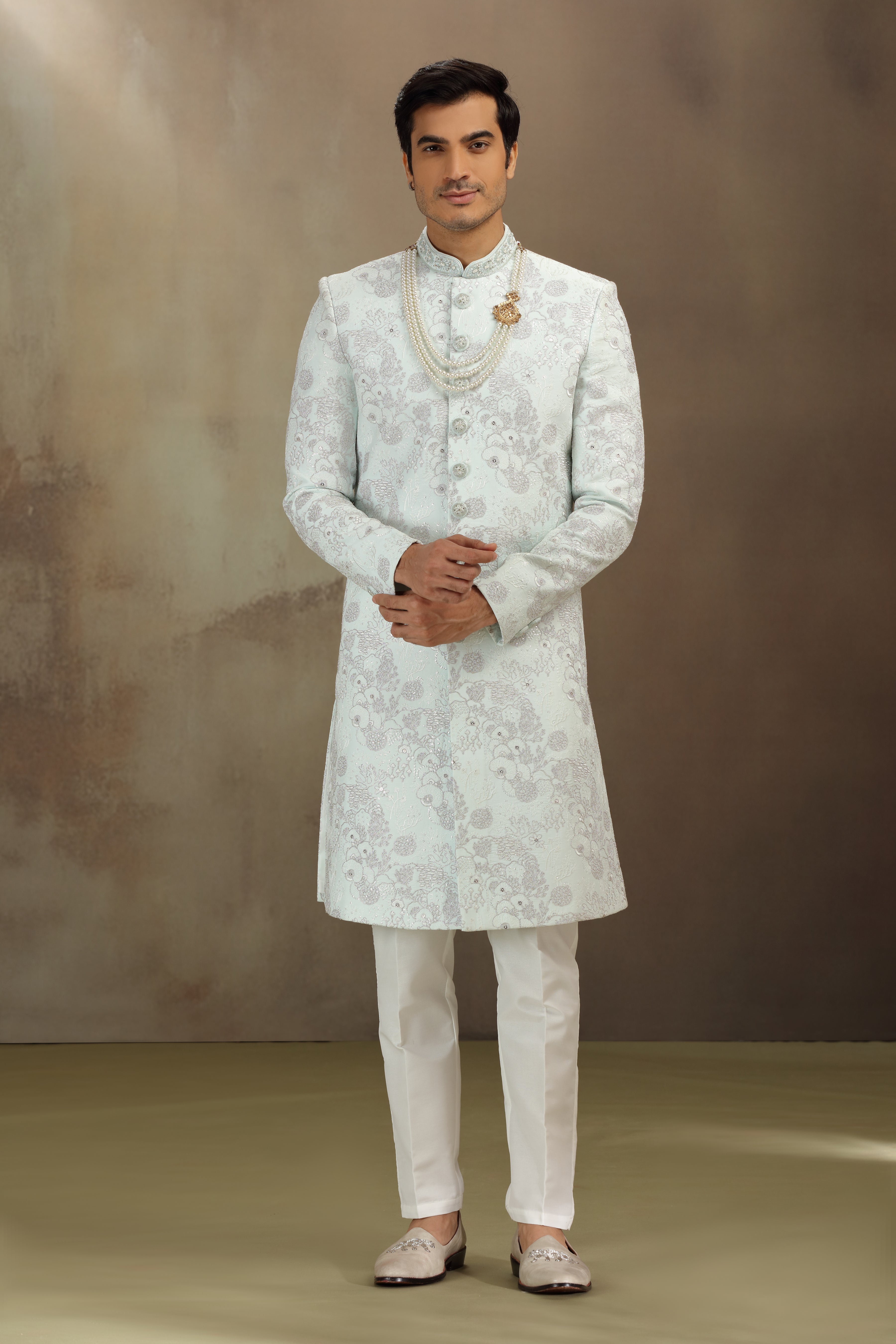 Off White Silk Sherwani with Resham, Dori & Sequins Work