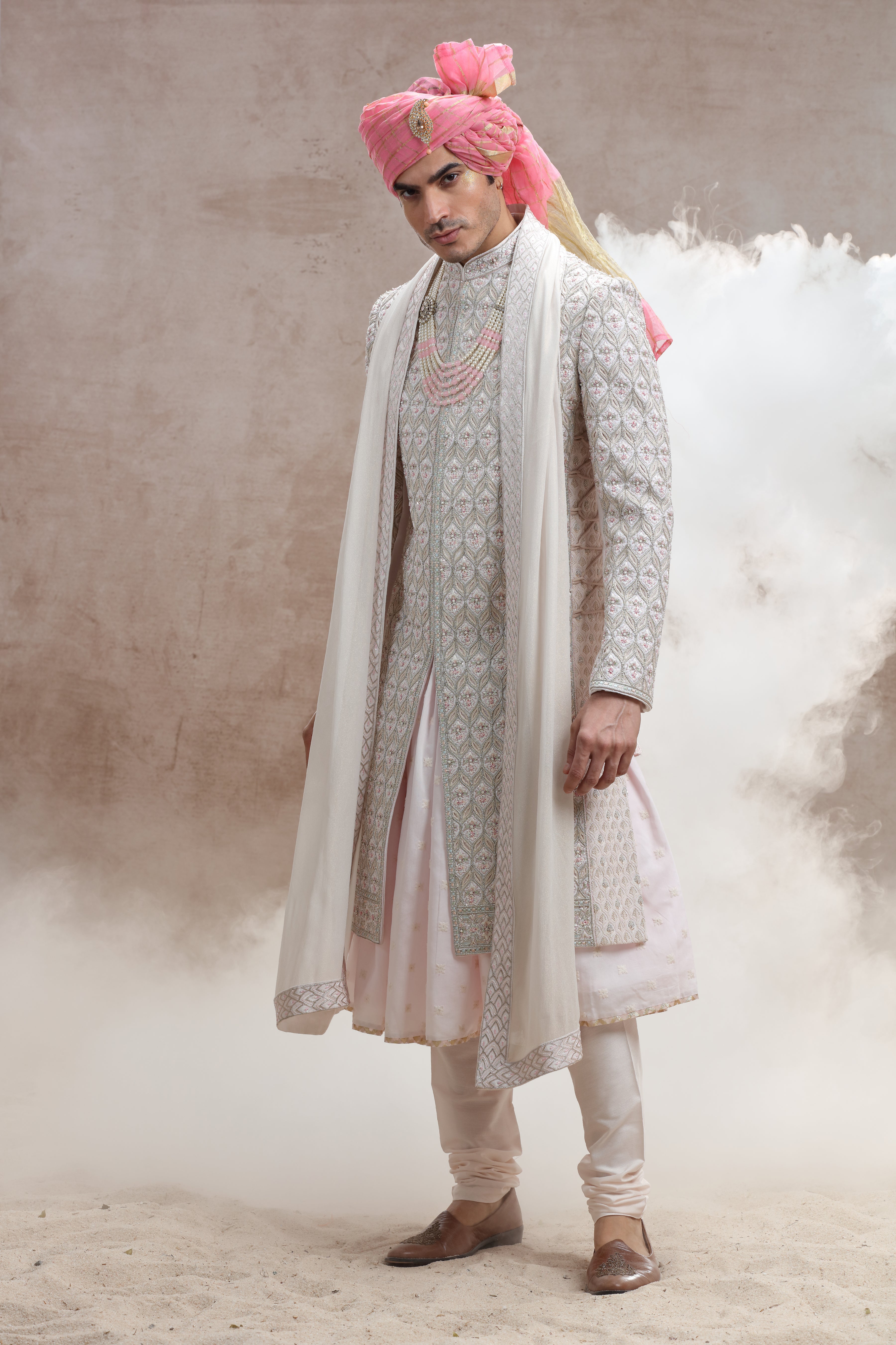 Champagne Silk Sherwani with Cut Work, Beads & Sequins