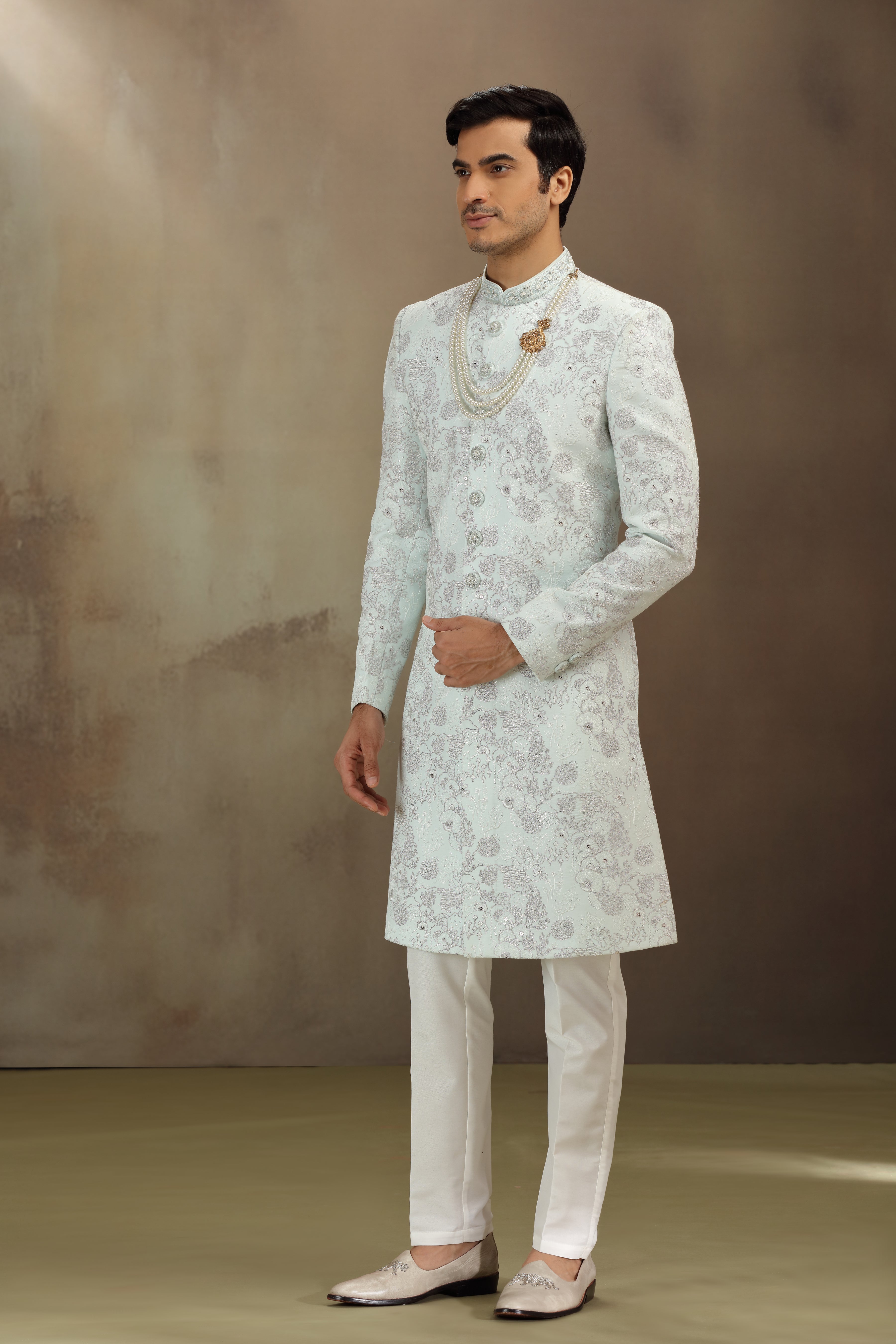 Sea Green Silk Wedding Sherwani with Resham and Dori Work