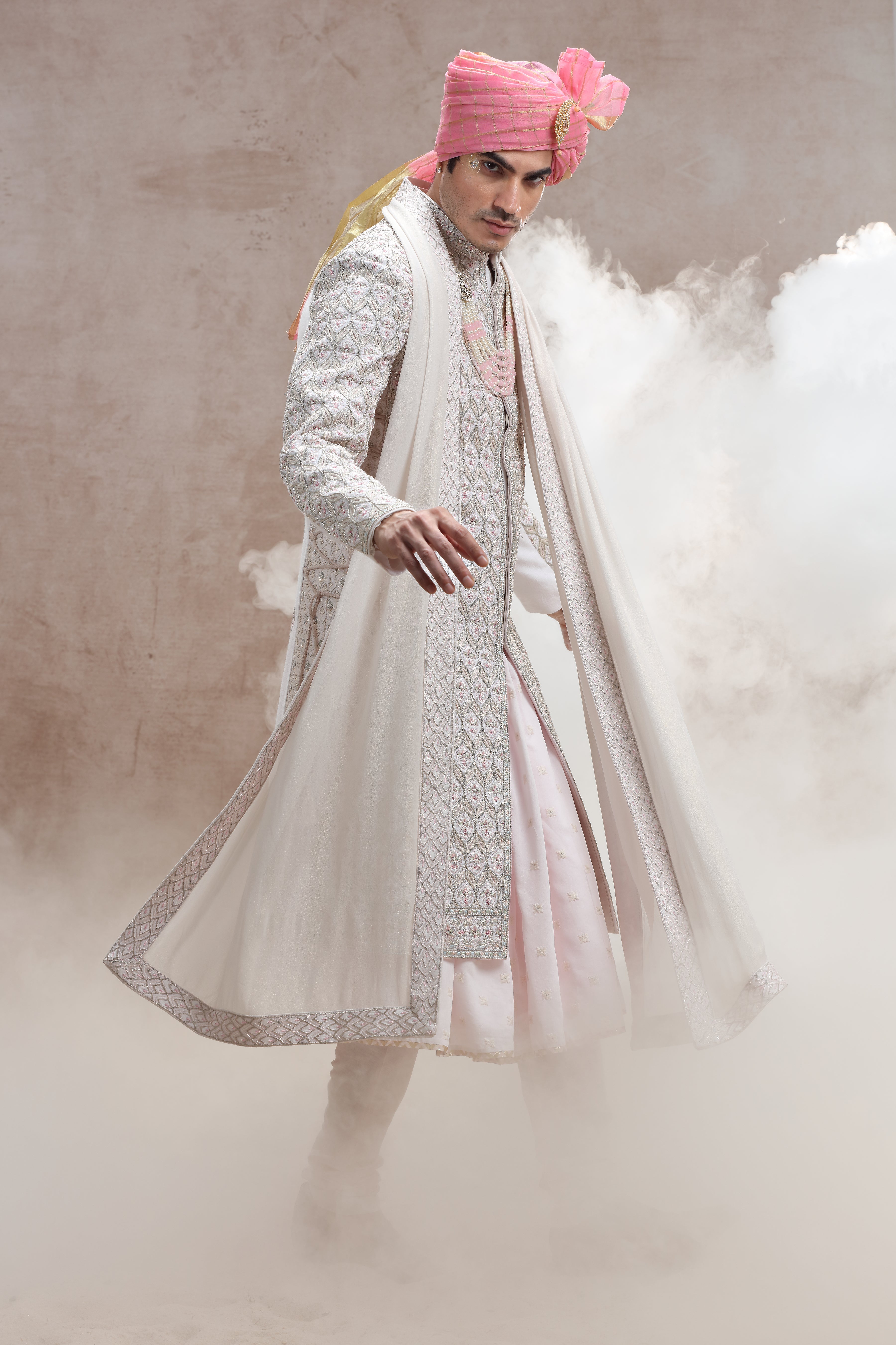 Champagne Silk Sherwani with Cut Work, Beads & Sequins